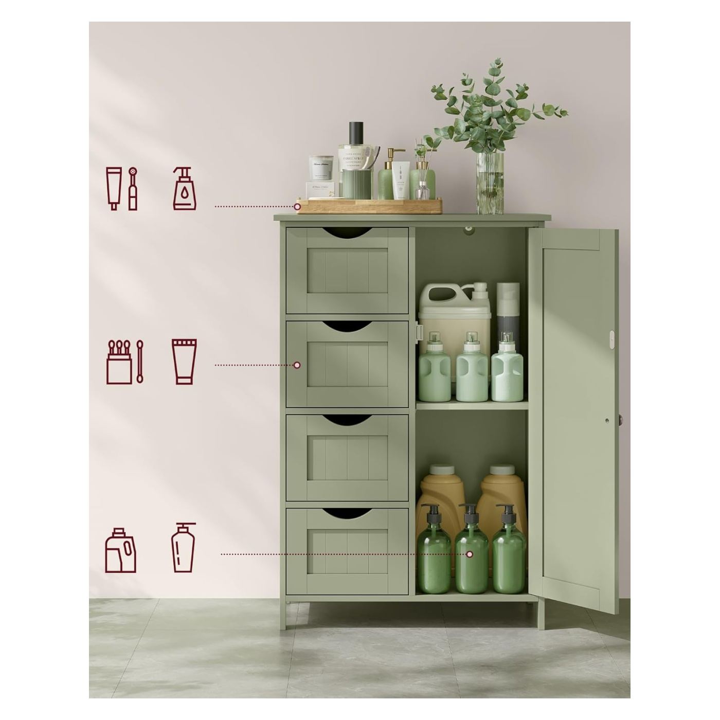 Шкаф за баня MDF 4 чекмеджета врата регулируеми рафтове, 30x55x82 см, shaker стил, зелен - 7