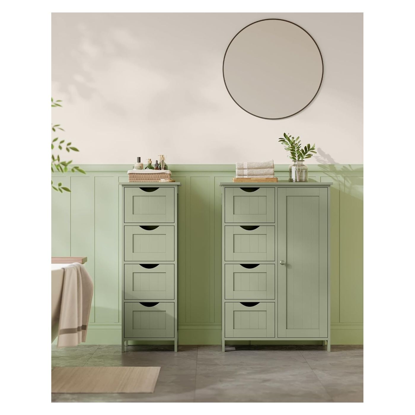 Шкаф за баня MDF 4 чекмеджета врата регулируеми рафтове, 30x55x82 см, shaker стил, зелен - 8