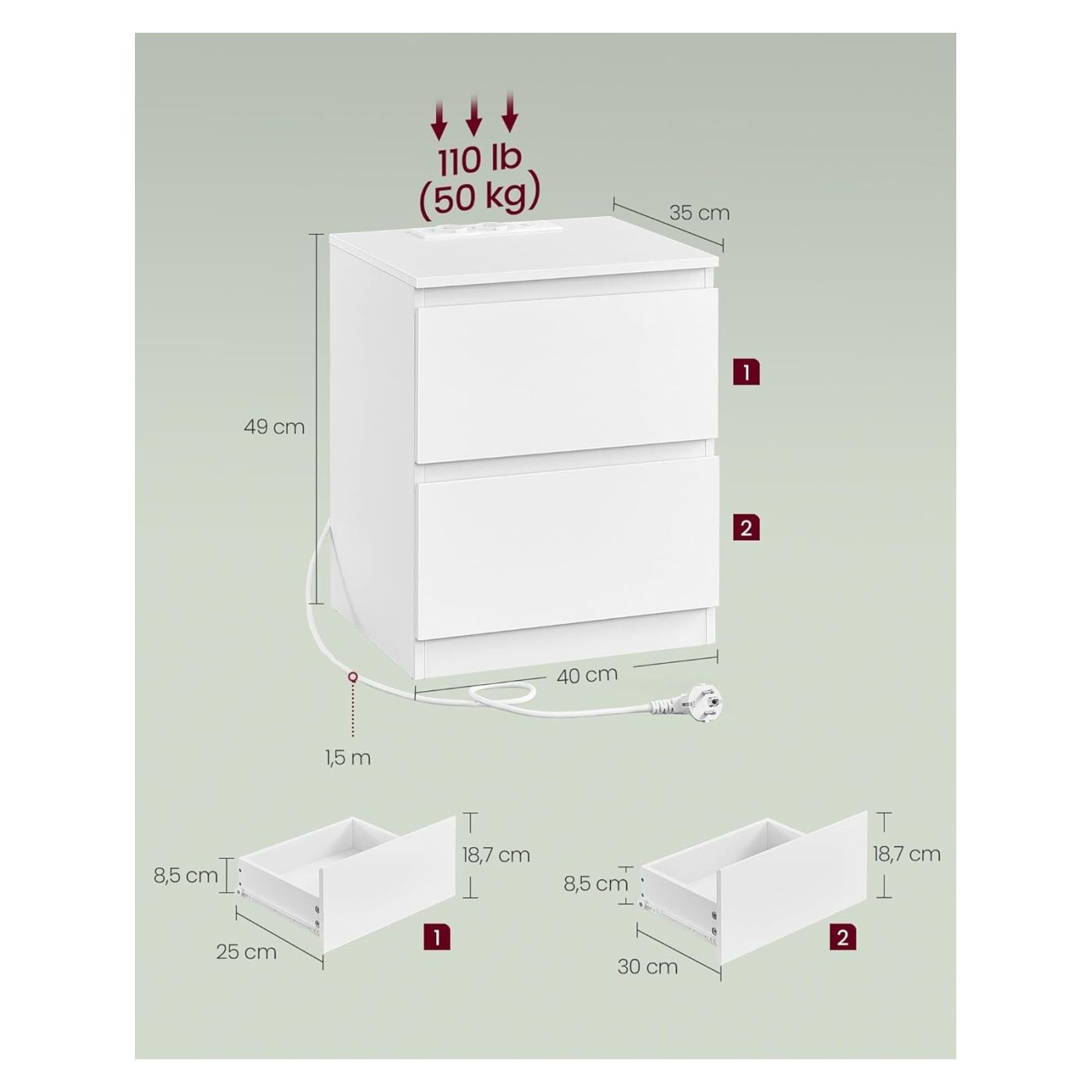 Нощно шкафче Kailyn с 2 чекмеджета и интегрирани USB изходи, 40x35x49 см, Модерен дизайн, Бяло - 2