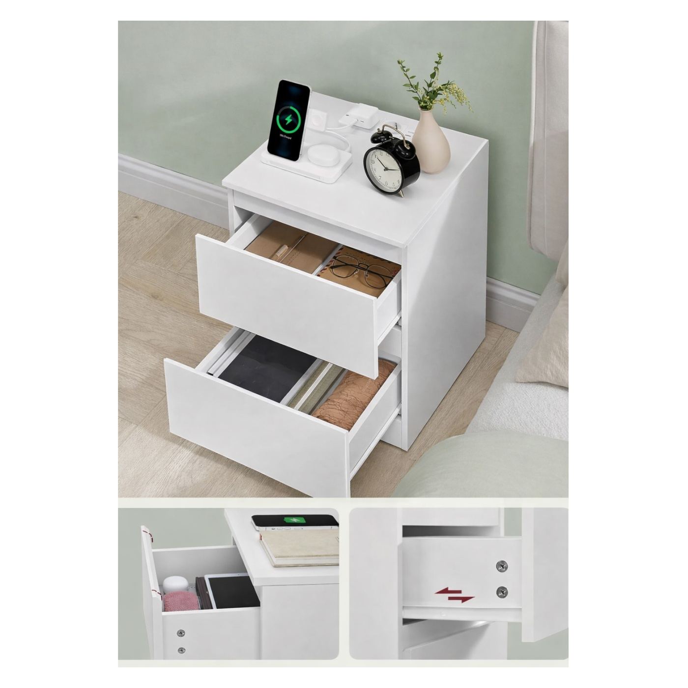 Нощно шкафче Kailyn с 2 чекмеджета и интегрирани USB изходи, 40x35x49 см, Модерен дизайн, Бяло - 5