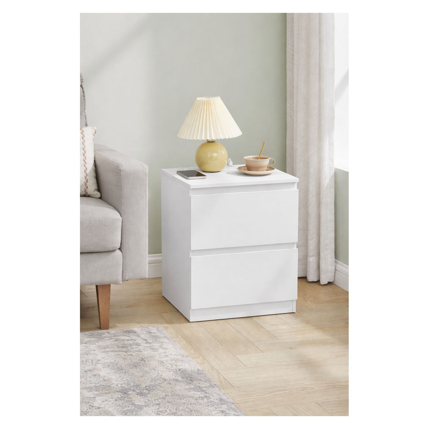 Нощно шкафче Kailyn с 2 чекмеджета и интегрирани USB изходи, 40x35x49 см, Модерен дизайн, Бяло - 6