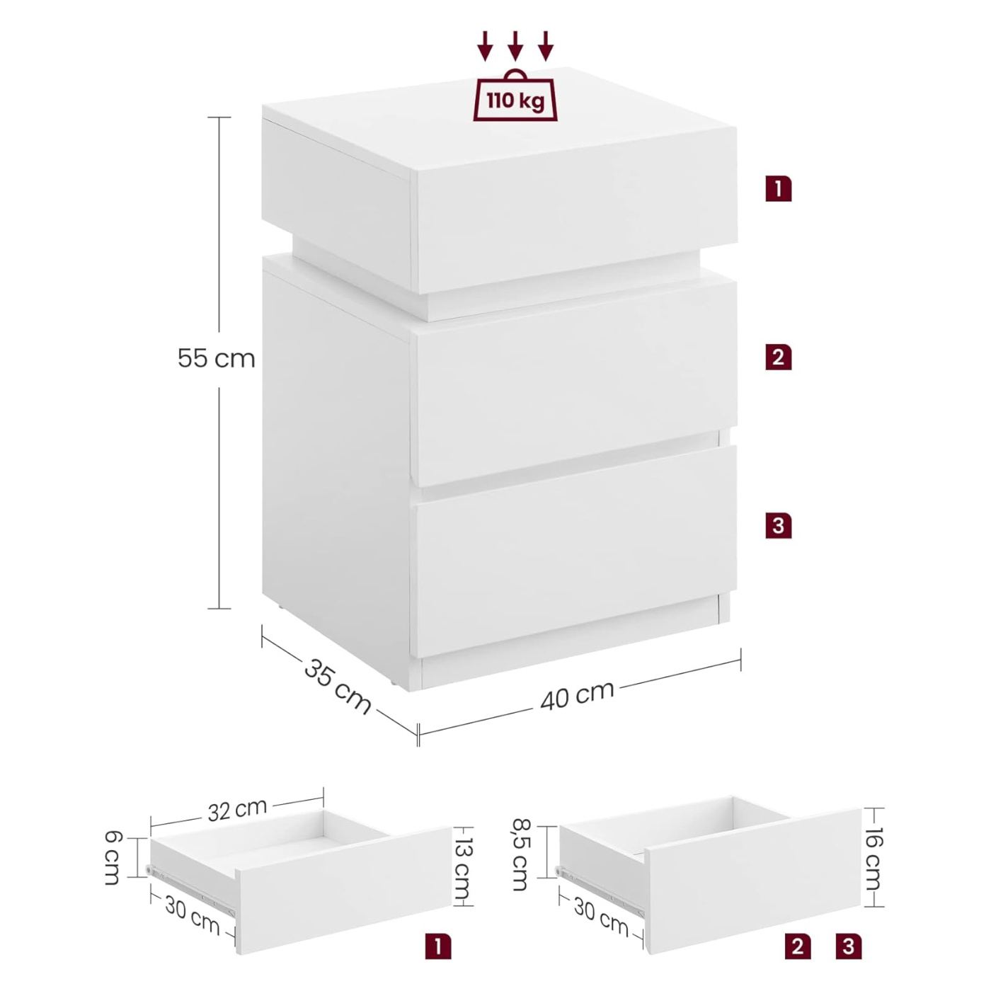 Комплект от 2 нощни шкафчета от MDF с регулируемо LED осветление, 35x40x55 см, модерен дизайн, бял - 2