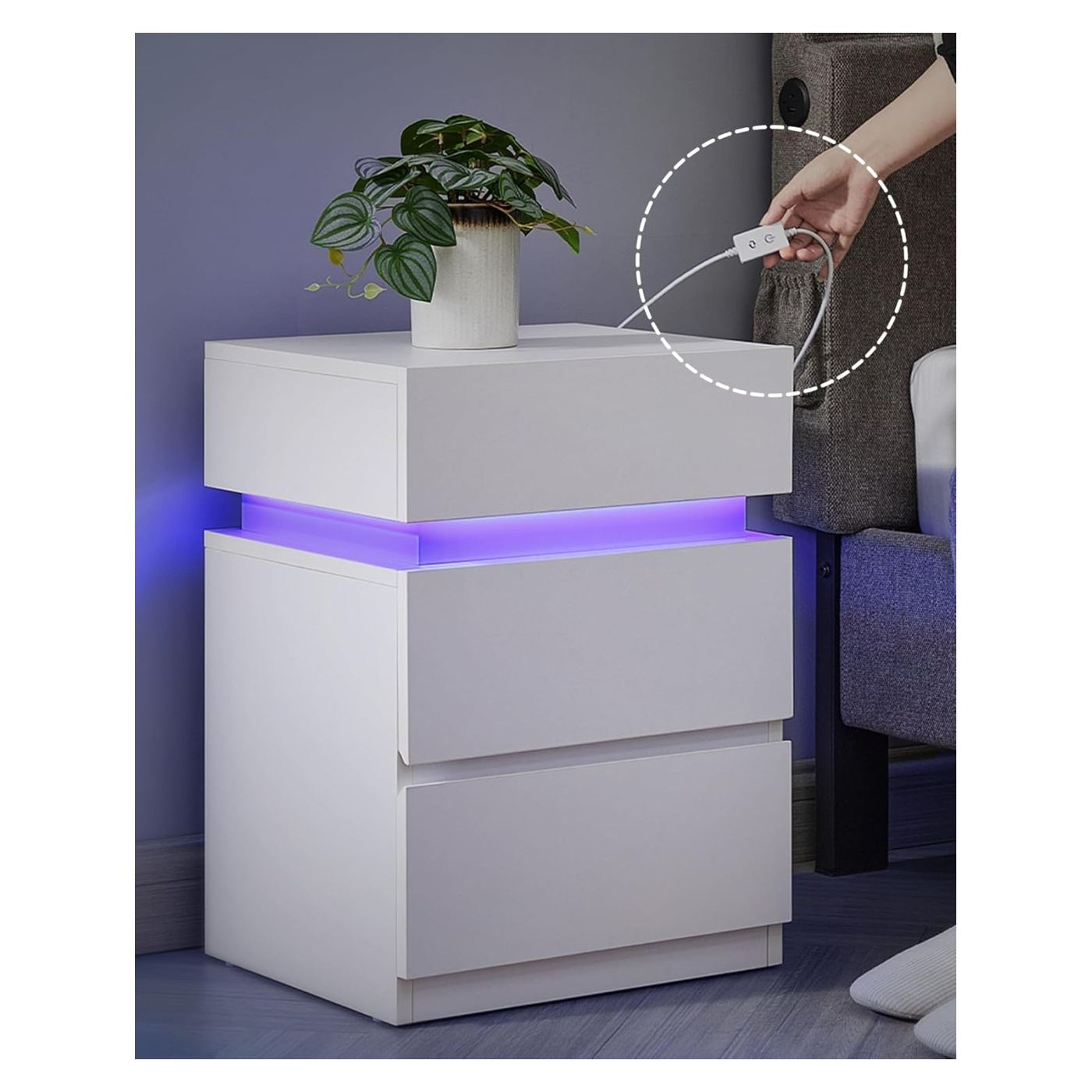 Комплект от 2 нощни шкафчета от MDF с регулируемо LED осветление, 35x40x55 см, модерен дизайн, бял - 10