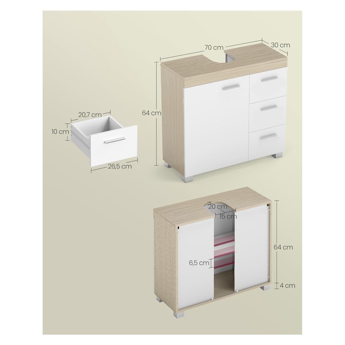 Шкаф за баня с 3 чекмеджета и 2 отделения, MDF, 30x70x64 см, бял и бежов - 2