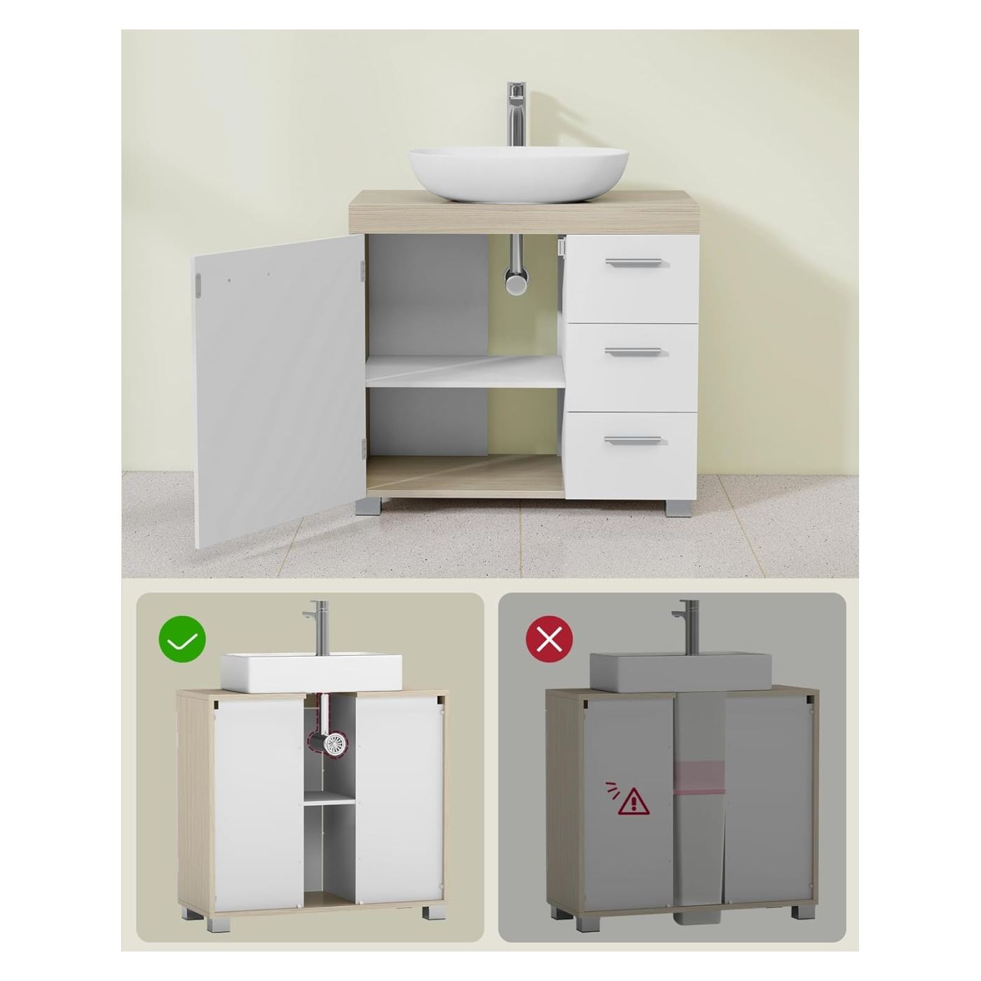 Шкаф за баня с 3 чекмеджета и 2 отделения, MDF, 30x70x64 см, бял и бежов - 4