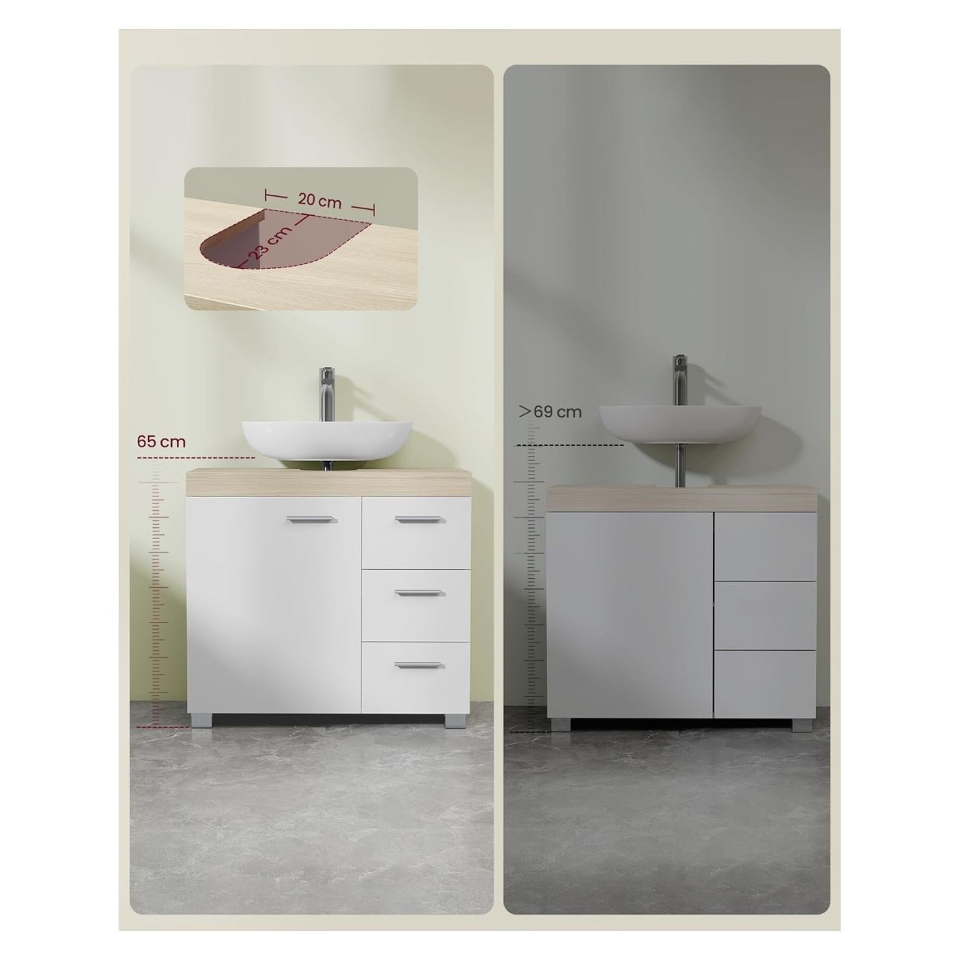 Шкаф за баня с 3 чекмеджета и 2 отделения, MDF, 30x70x64 см, бял и бежов - 5
