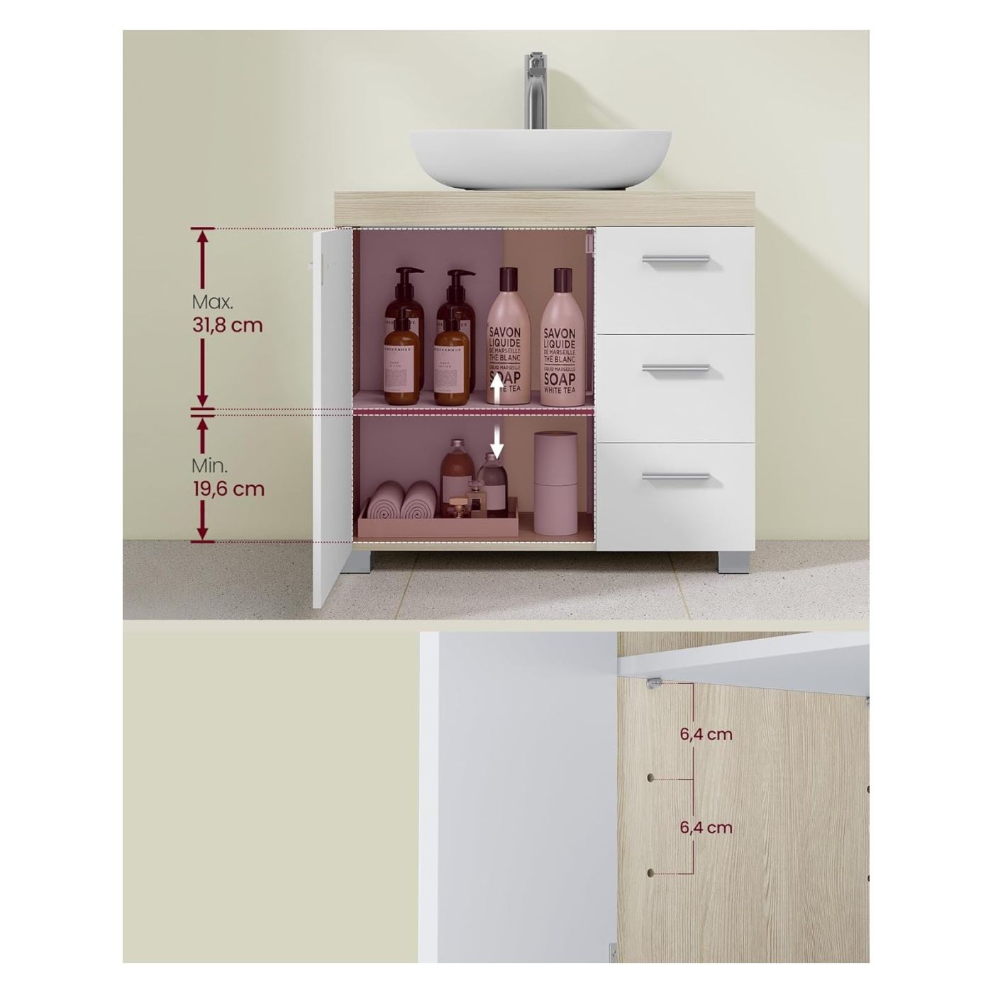 Шкаф за баня с 3 чекмеджета и 2 отделения, MDF, 30x70x64 см, бял и бежов - 6