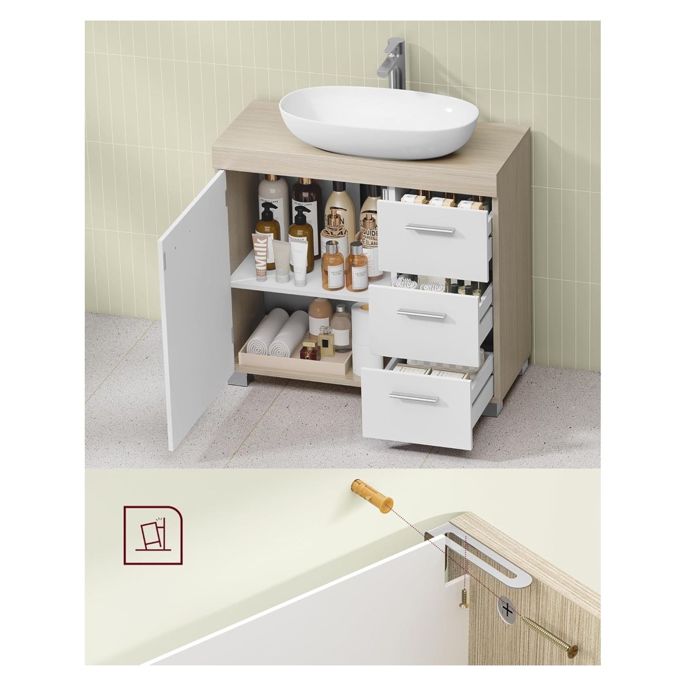 Шкаф за баня с 3 чекмеджета и 2 отделения, MDF, 30x70x64 см, бял и бежов - 7