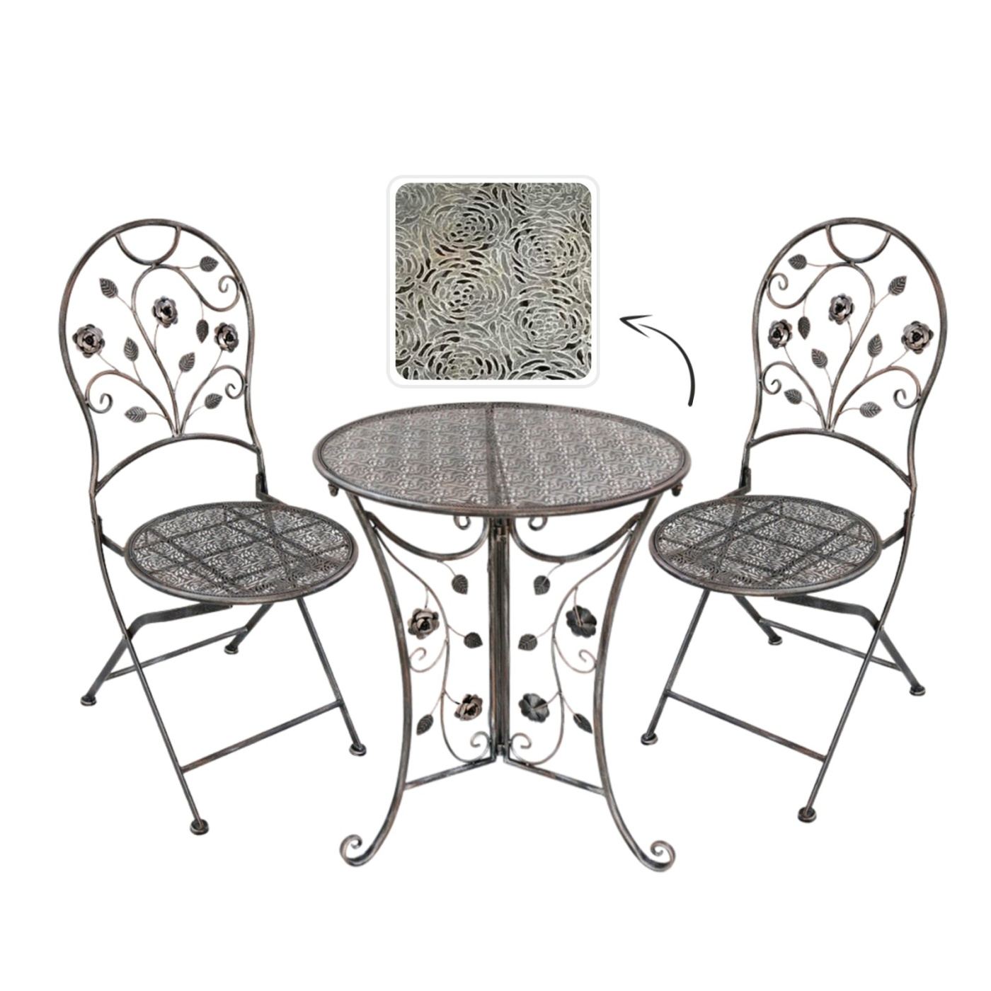 Градински комплект мебели Madison Metal, маса 70x75 см и 2 стола 43x40x94 см, винтидж стил, бронз - 3