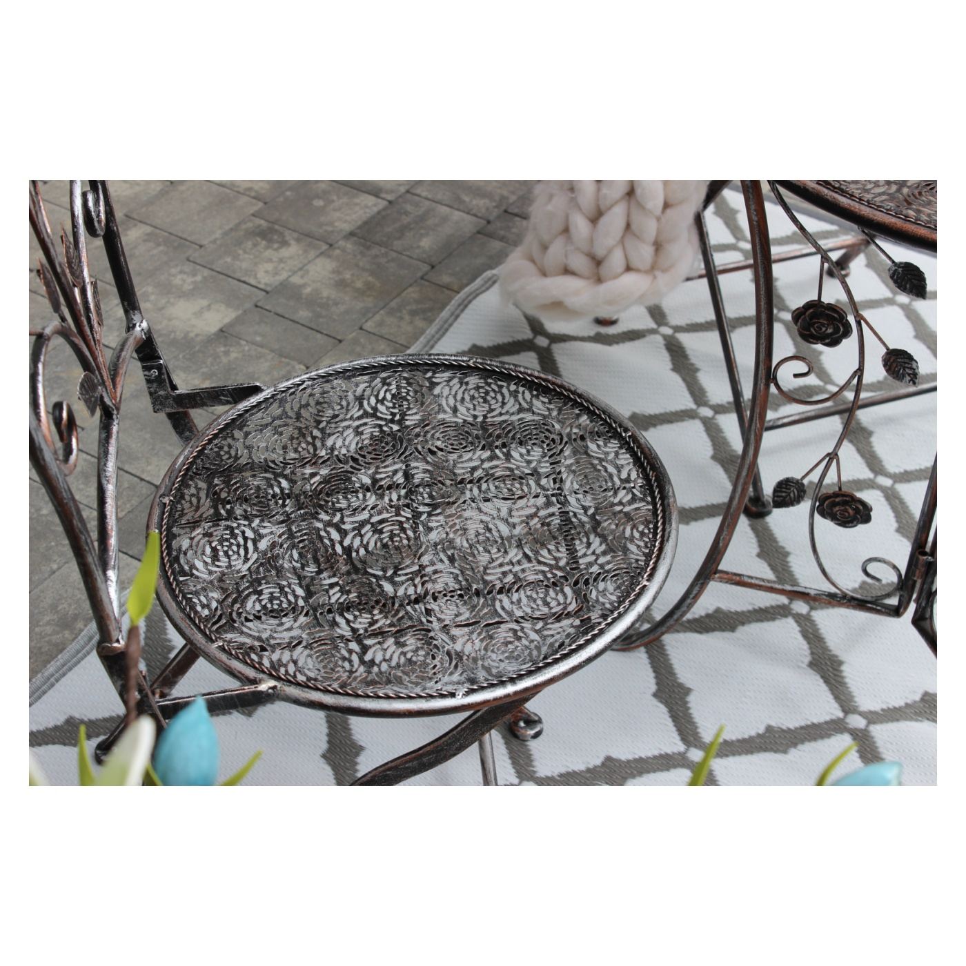Градински комплект мебели Madison Metal, маса 70x75 см и 2 стола 43x40x94 см, винтидж стил, бронз - 6