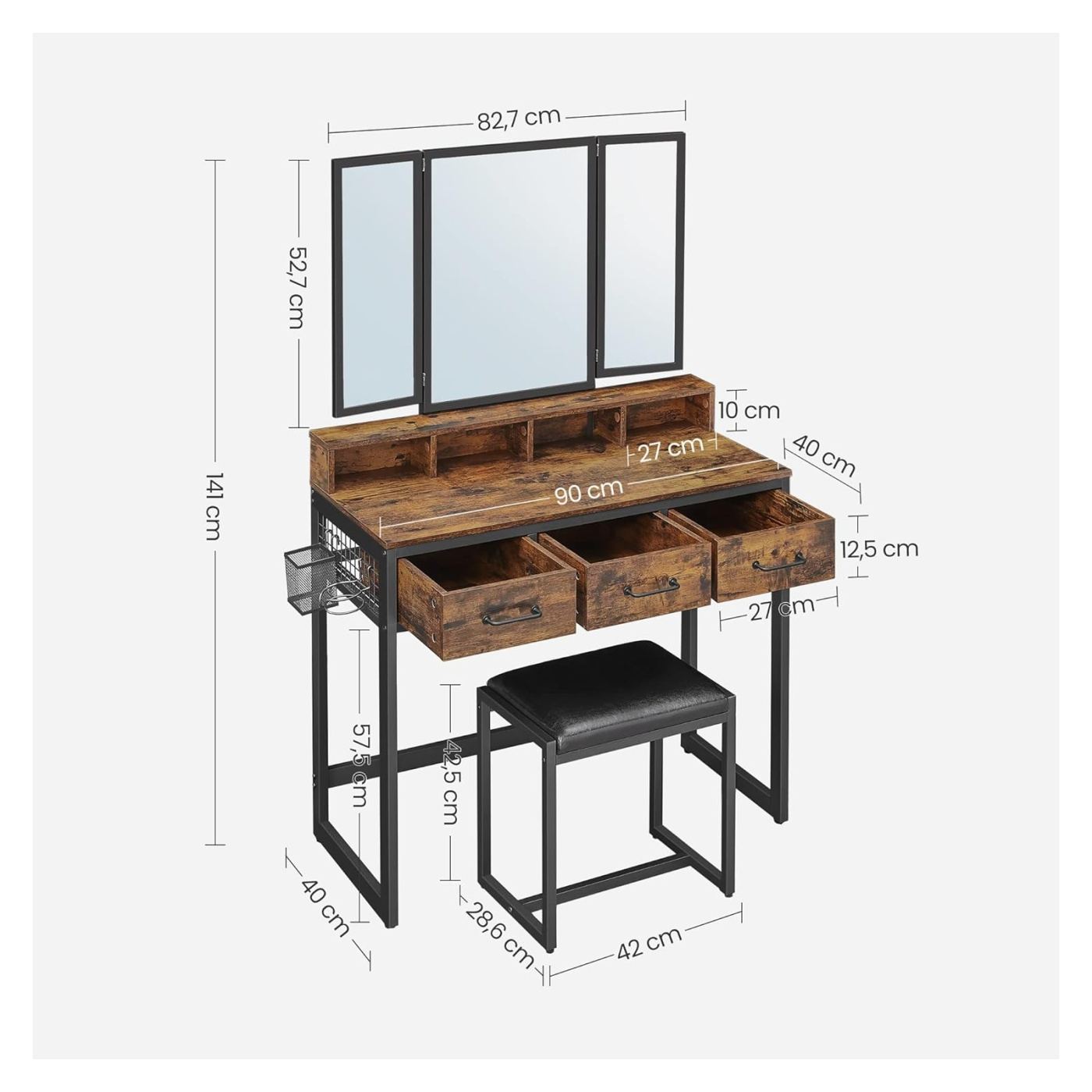 Тоалетка с 3 чекмеджета, троен огледален шкаф и табуретка, 90x40x141 см, винтидж стил, черно-кафяв - 4