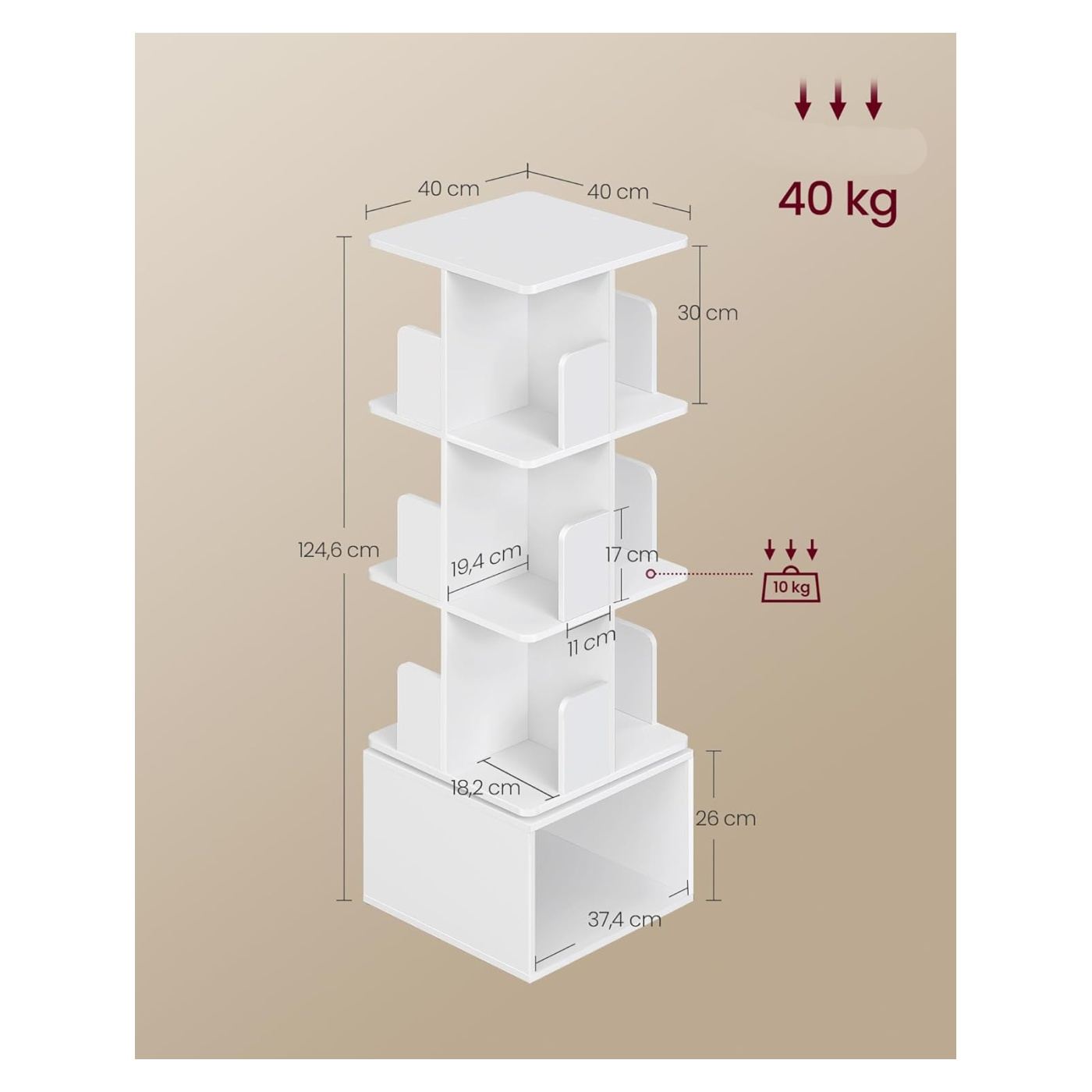 Въртящ се рафт от МДФ с 4 нива и отворени отделения, 40x40x125 см, 360° въртене, бял - 2