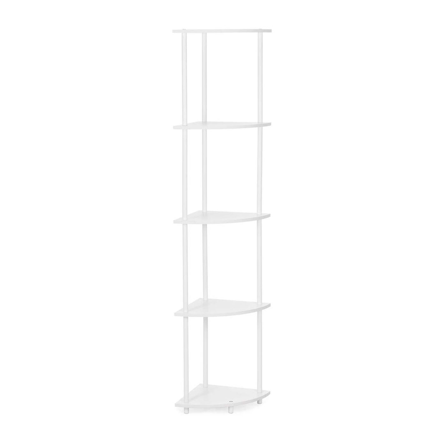 Ъглов рафт с 5 полици от МДФ и метална рамка за стена, 148x30x30 см, модерен дизайн, бял - 6