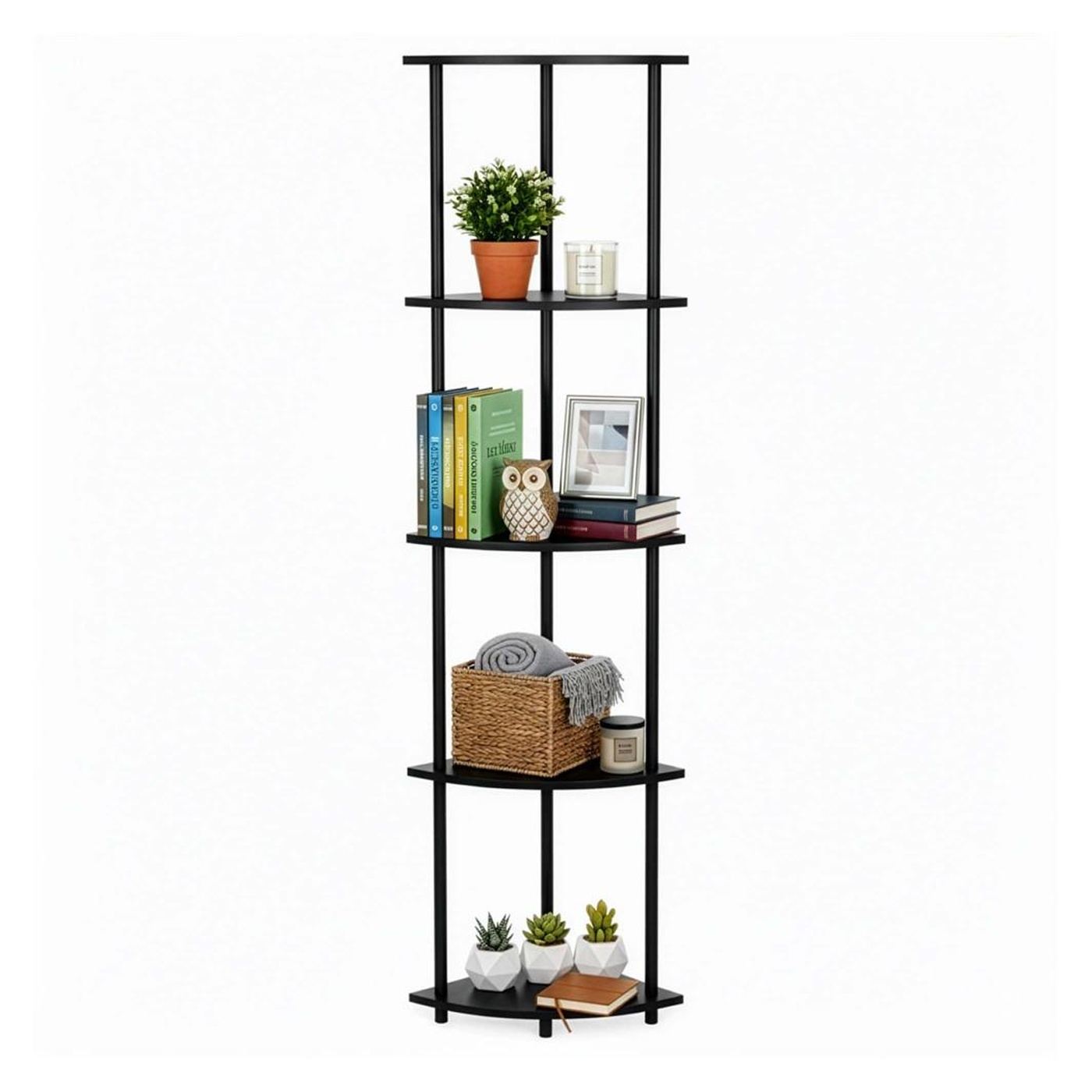 Ъглов рафт с 5 полици, MDF с метална рамка за монтаж на стена, 148x30x30 см, модерен дизайн, черен - 2