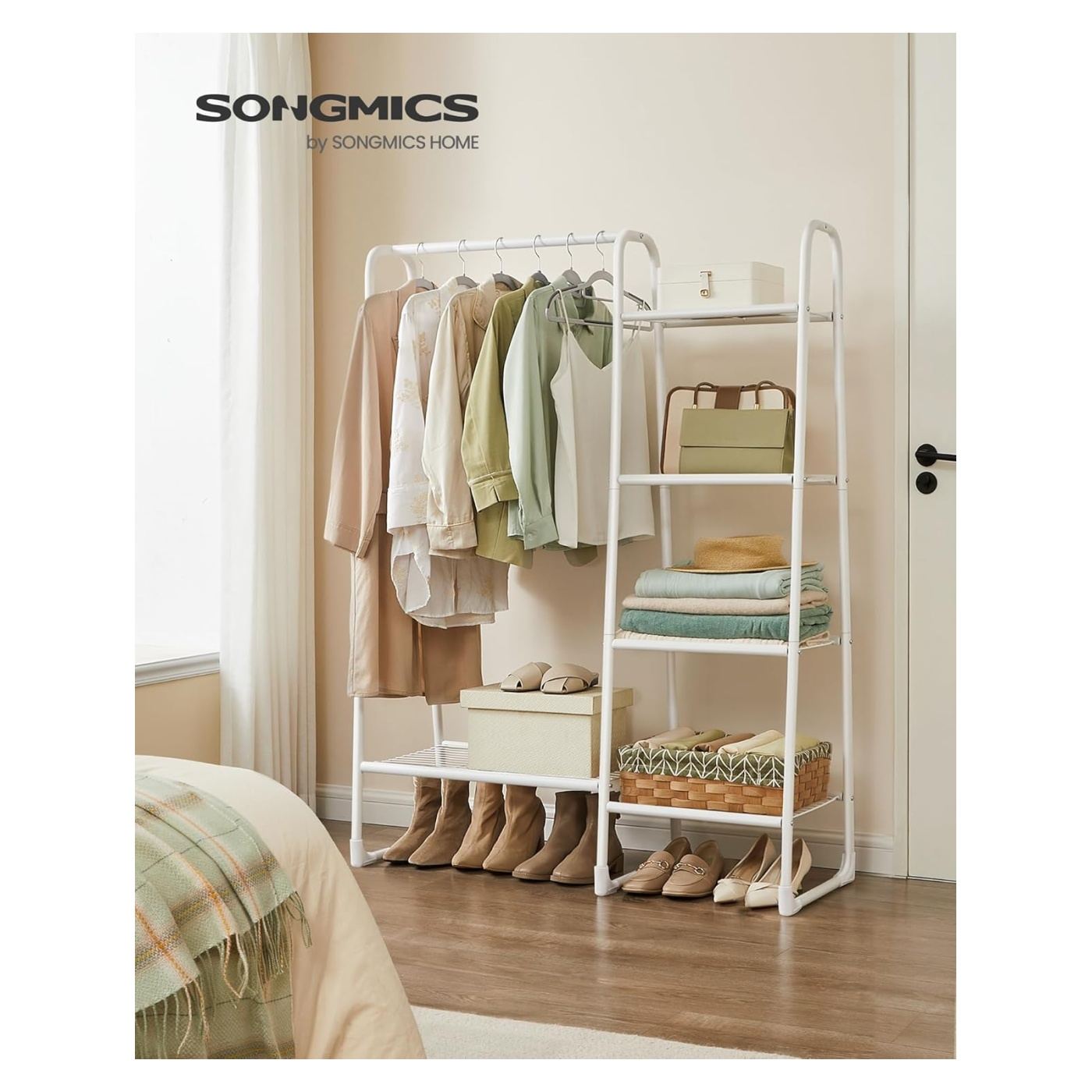 Индустриална метална стойка за дрехи с 5 рафта, 40x102x153 см, Компактна, Бяла - 3