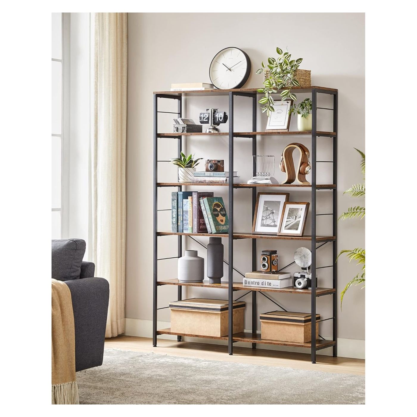 6-рафтова етажерка, метална рамка, индустриален стил, 30x120x170 см, рустик кафяво - 4