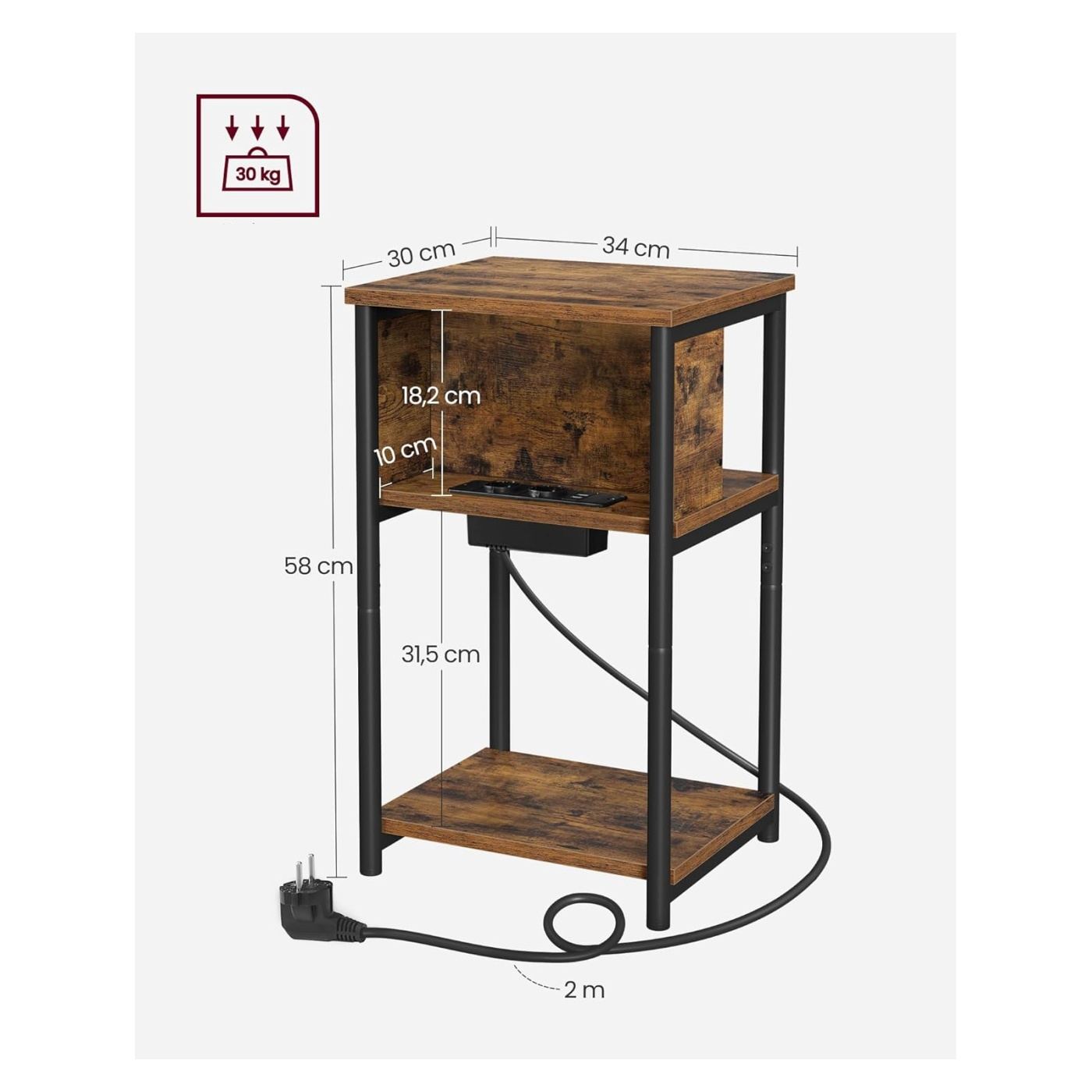 Нощно шкафче с контакти и USB, 3 рафта, индустриален стил, 30x34x58 см, рустик кафяво - 4