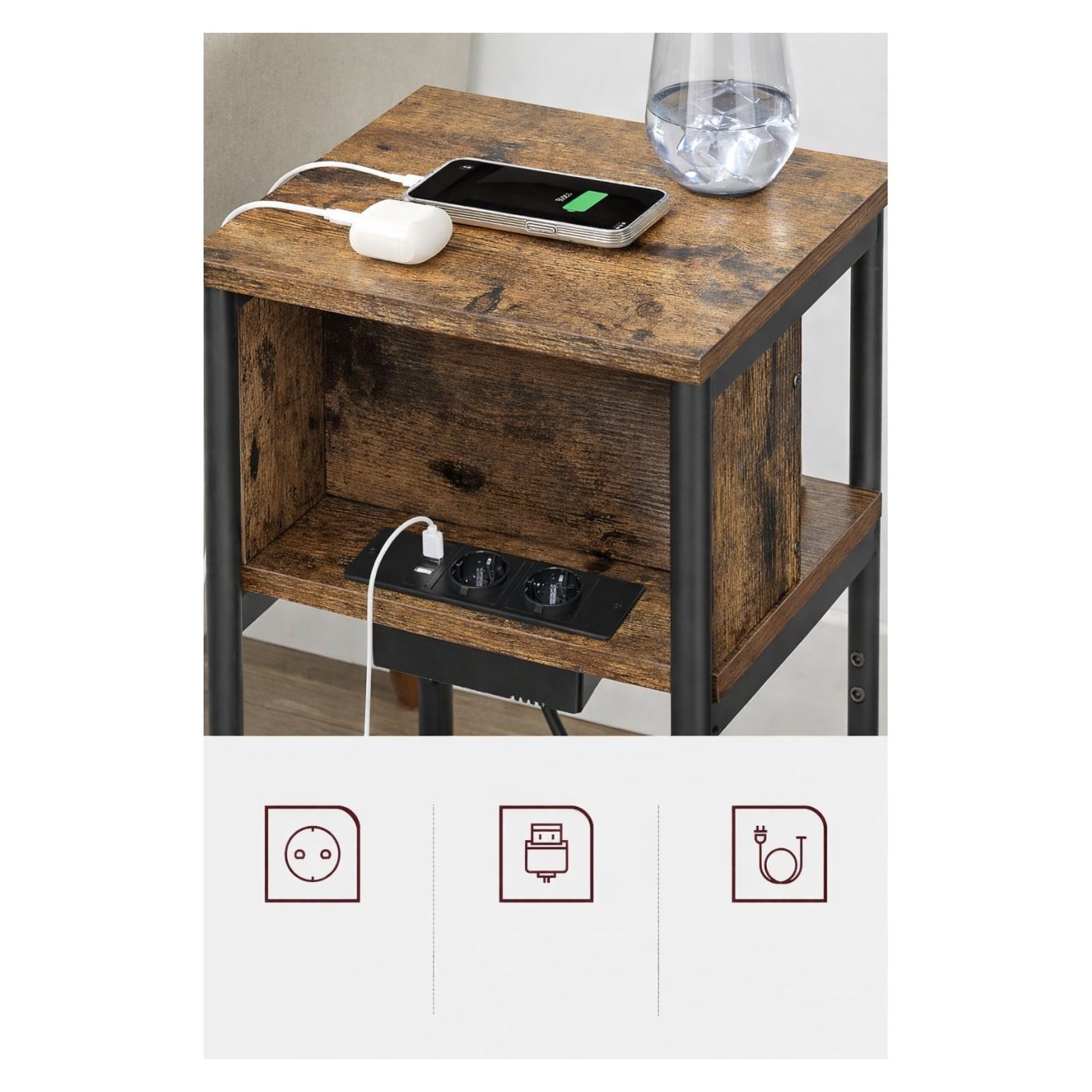 Нощно шкафче с контакти и USB, 3 рафта, индустриален стил, 30x34x58 см, рустик кафяво - 9