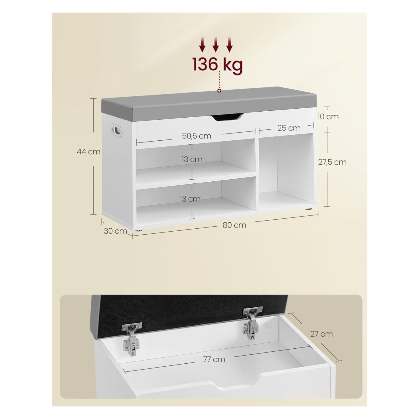 Пейка за обувки, тапицирана, 3 отделения, товароносимост 150 кг, 30x80x44 см, модерна, бяла - 2