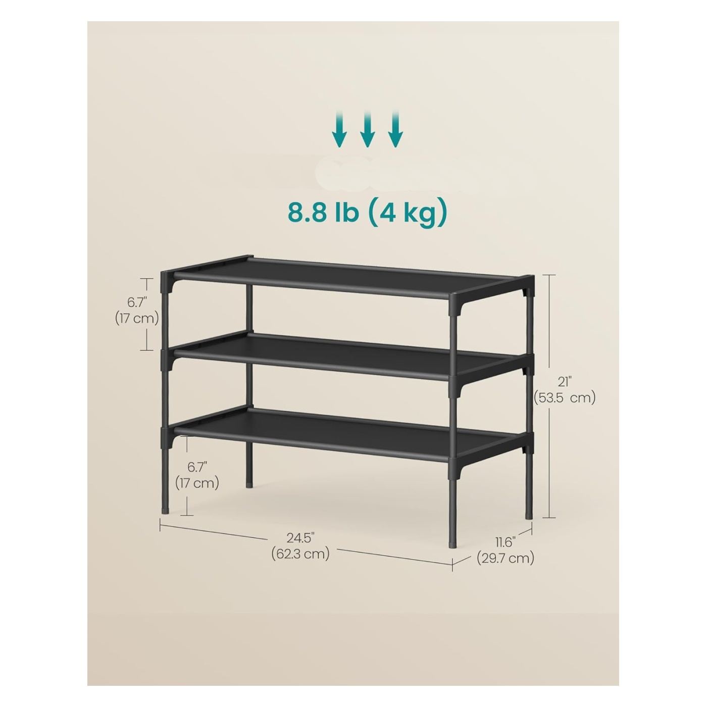 3-етажна етажерка за обувки с текстилни рафтове и метална рамка, 62x30x54 см, черна - 4