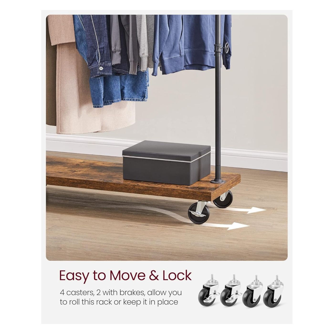 Закачалка за дрехи с метална греда и долна рафт, метална рамка и ПДЧ, индустриален стил, 104x40x162 см, рустик кафяво и черно - 4