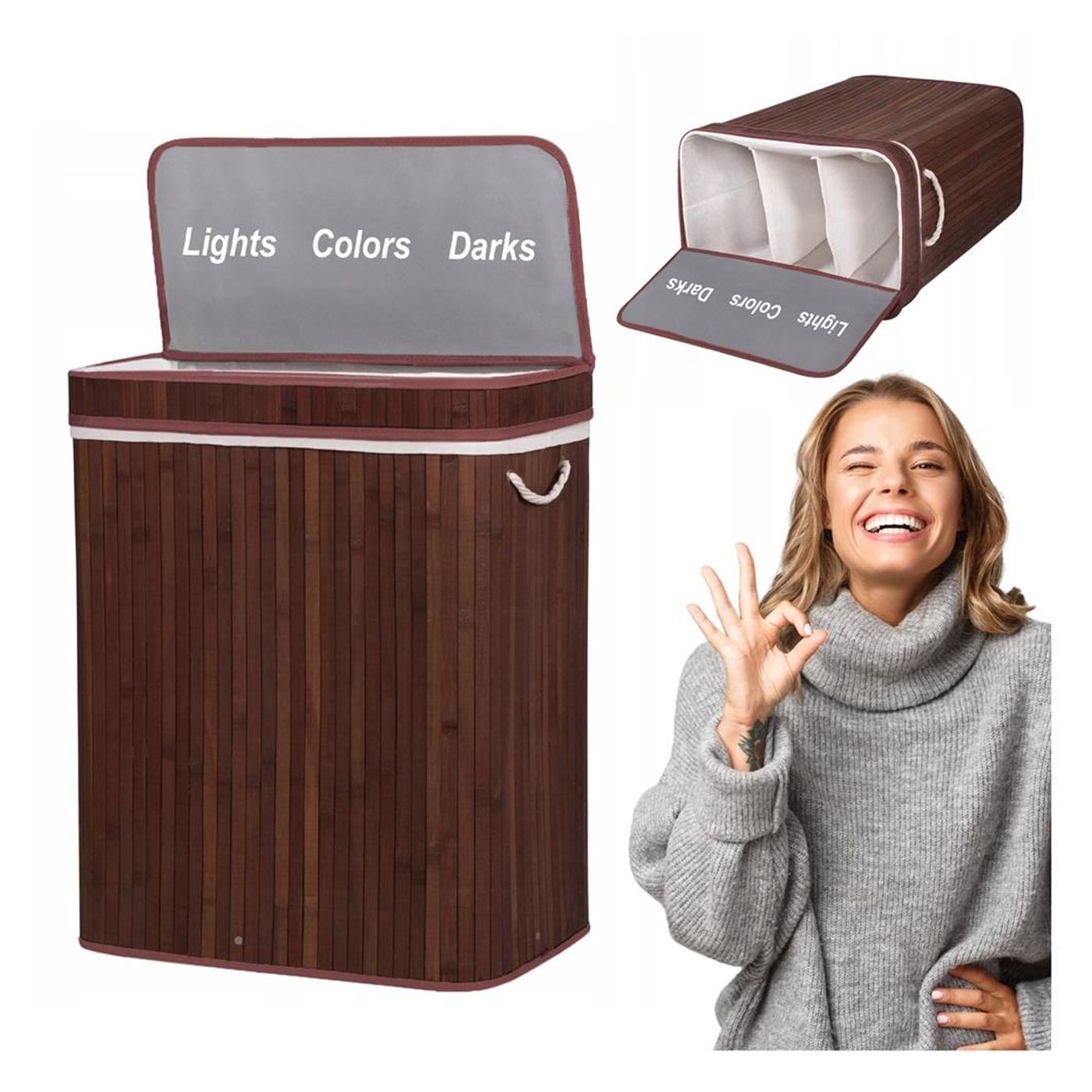 Кош за пране с капак и 3 отделения, сваляща се текстилна торба, 100 литра, 51x32x63 см, кафяв - 3