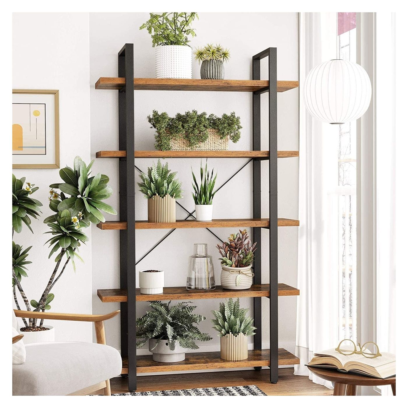 5-рафтова етажерка, стоманена рамка и рафтове от ПДЧ, 105x34x178см, рустик кафяво и черно - 4