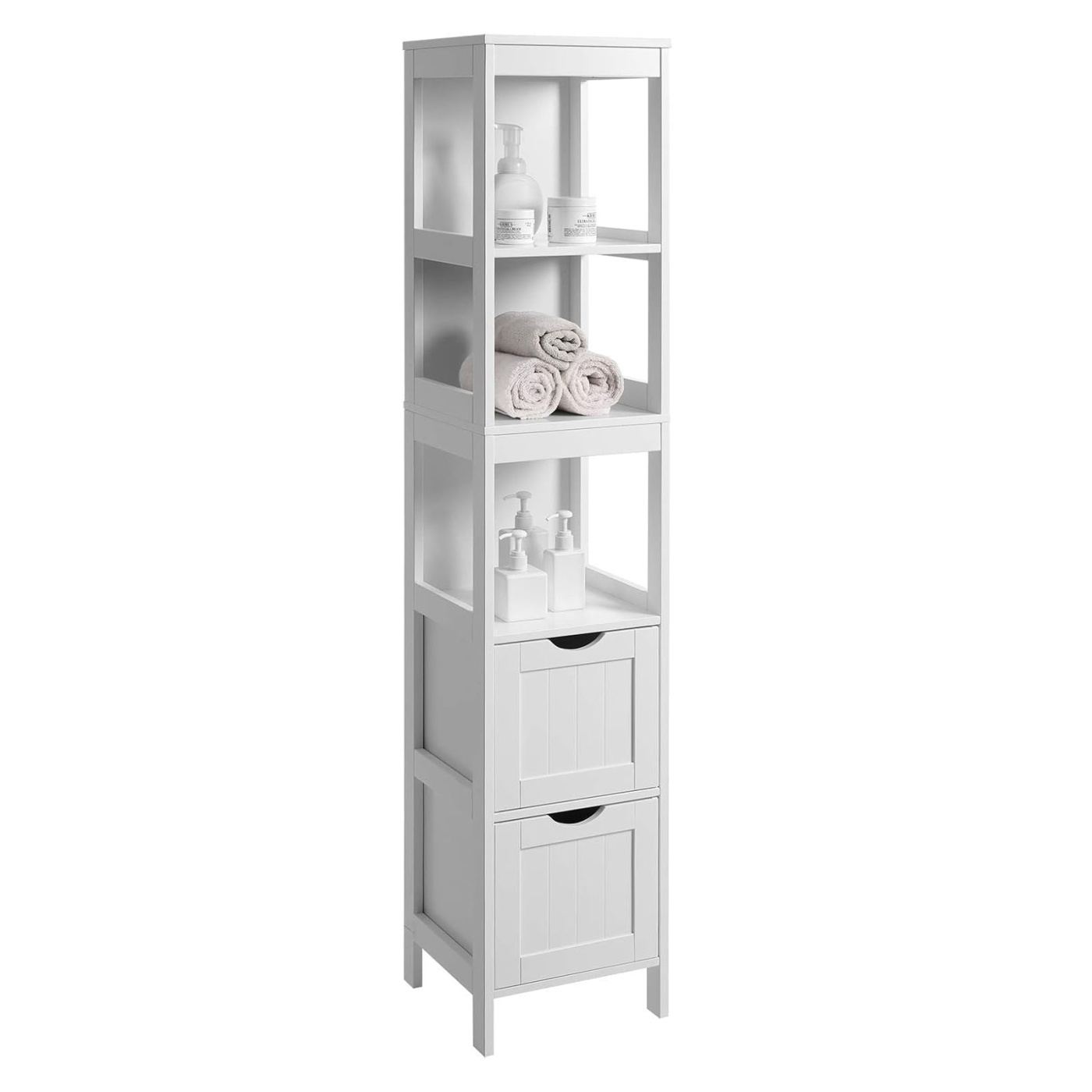 MDF Колонна Баня Шкаф с 2 Чекмеджета и 3 Рафта, 30x30x142 см, Бял - 11