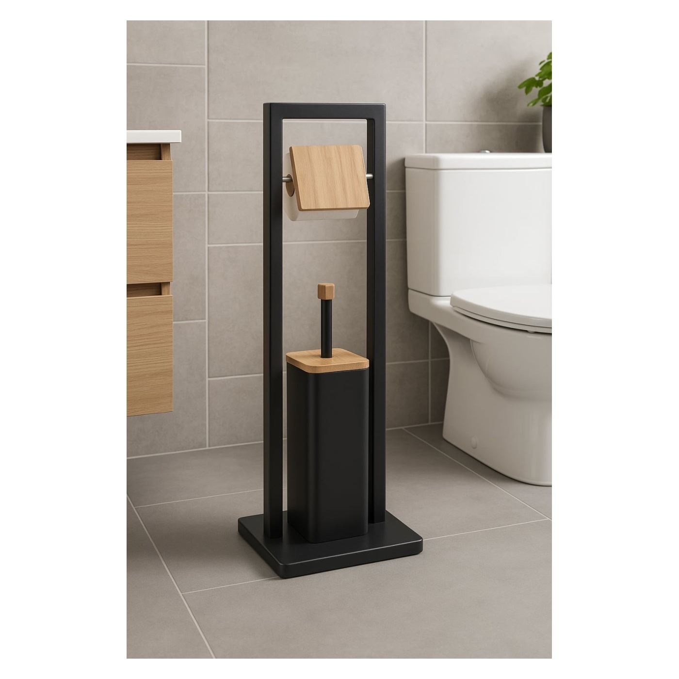 5Five Natureo Поставка за тоалетна хартия с четка, Метал и Бамбук, 20x20x80 см, Черен - 2