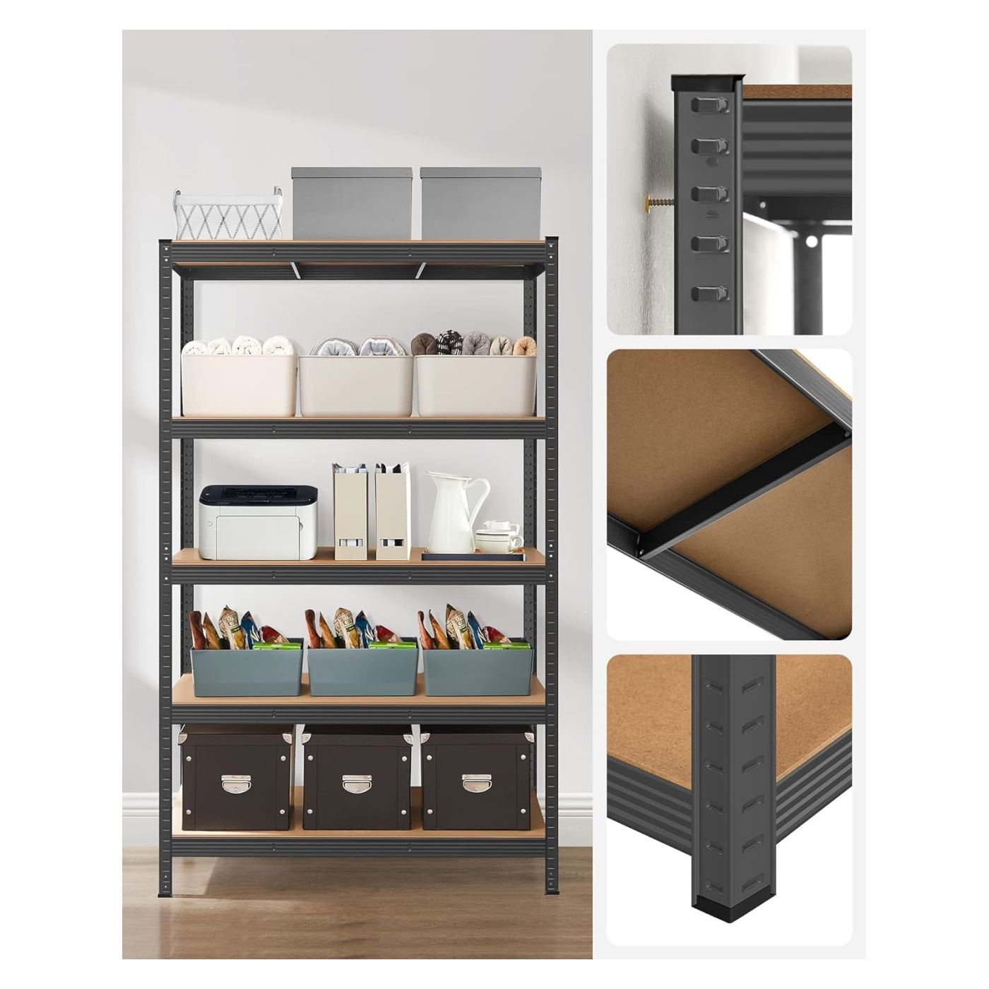 Метална етажерка с 5 рафта MDF макс. 875 кг, 200x120x60 см, здрава, черна - 8