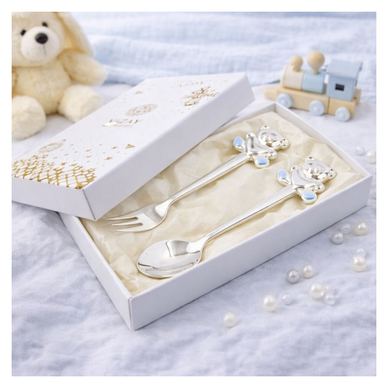 Otroški jedilni pribor AZAY Teddy Bear modre barve, žlica in vilice, elegantna darilna škatla s papirjem, 14,5 cm