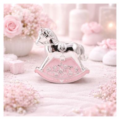 Pușculiță Decorativă Căluț Balansoar AZAY, 11x11 cm, Argintiu cu Roz, Cutie Cadou + Hârtie Tissue Incluse – Cadou Premium Fetițe