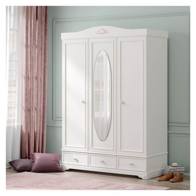 Dulap Cilek, 3 uși, oglindă inclusă, 140x60x204 cm, PAL alb, colecția Rustic White