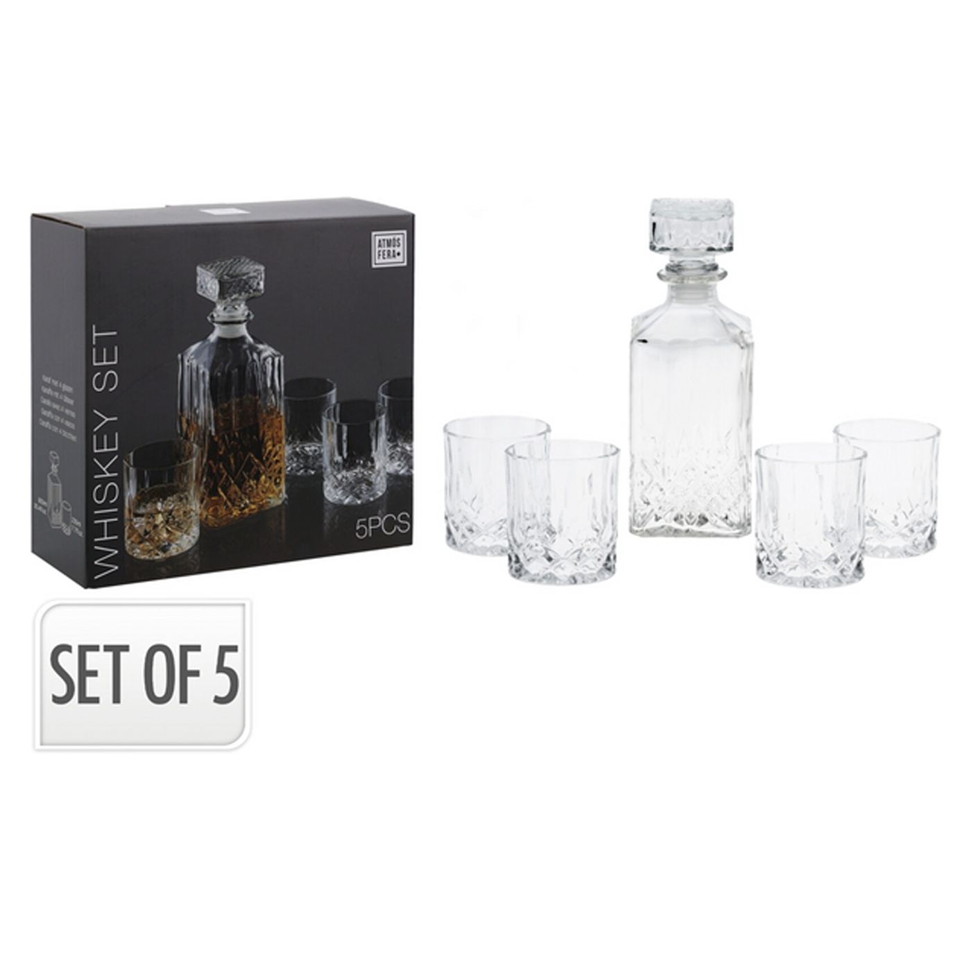 Set decantor 900 ml cu patru pahare de whisky, 230 ml, sticla transparenta, JollyMag, AMS58202