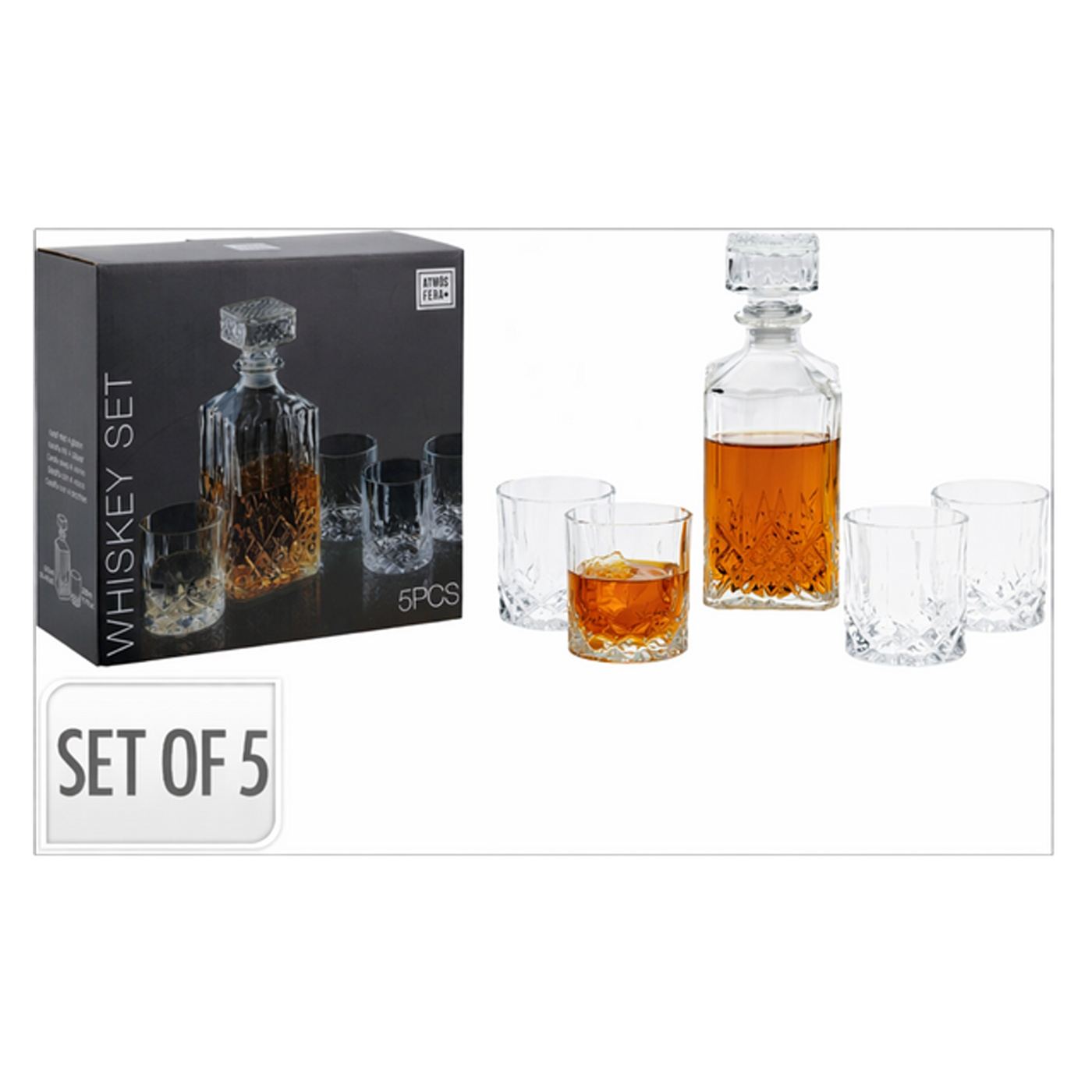 Set decantor 900 ml cu patru pahare de whisky, 230 ml, sticla transparenta, JollyMag, AMS58202 - 2