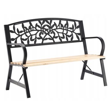 Bancă de grădină din lemn și oțel cu spătar decorativ model frunze, 120x56x87 cm, negru și maro natur
