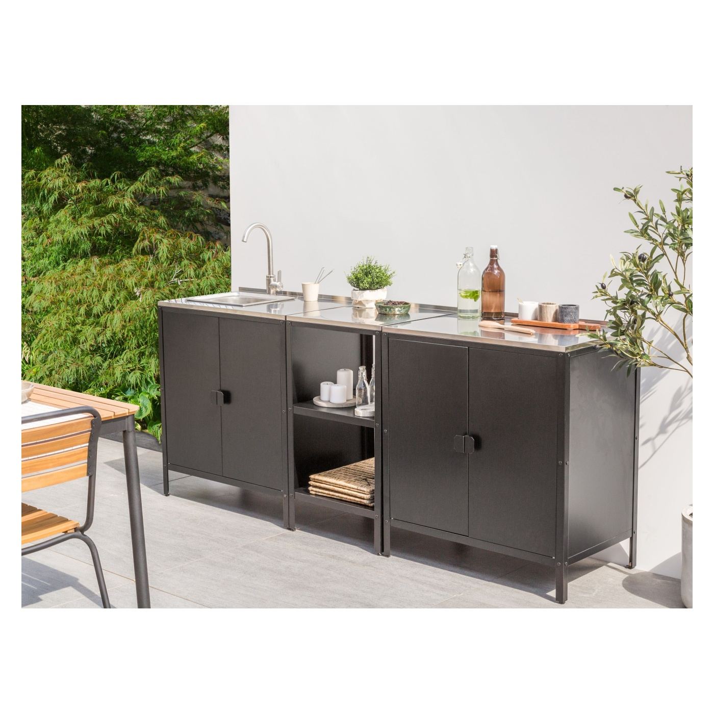 Háromdarabos kültéri konyhaszett mosogatóval VILAMA Fém Fekete - 1
