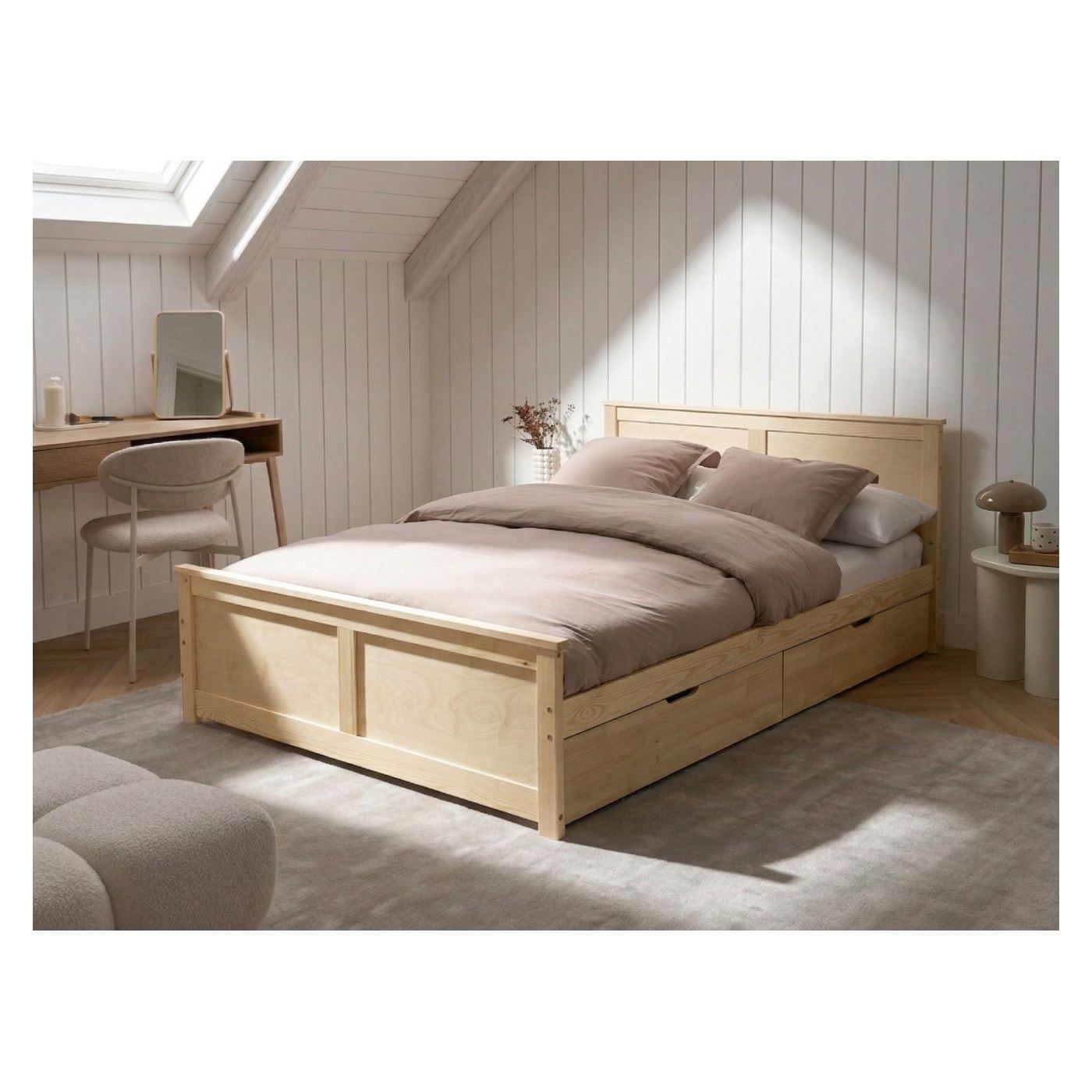 Ágy 2 fiókkal Fenyő DAUPHIN 140 x 200 cm Világosbarna - 1