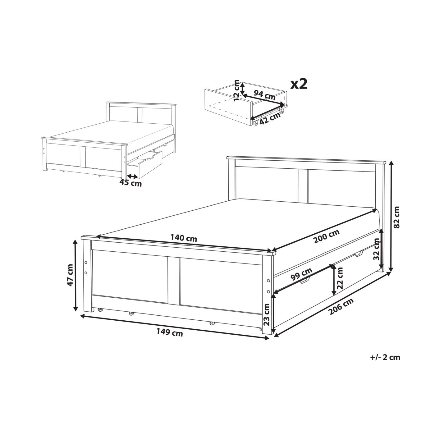 Ágy 2 fiókkal Fenyő DAUPHIN 140 x 200 cm Világosbarna - 3