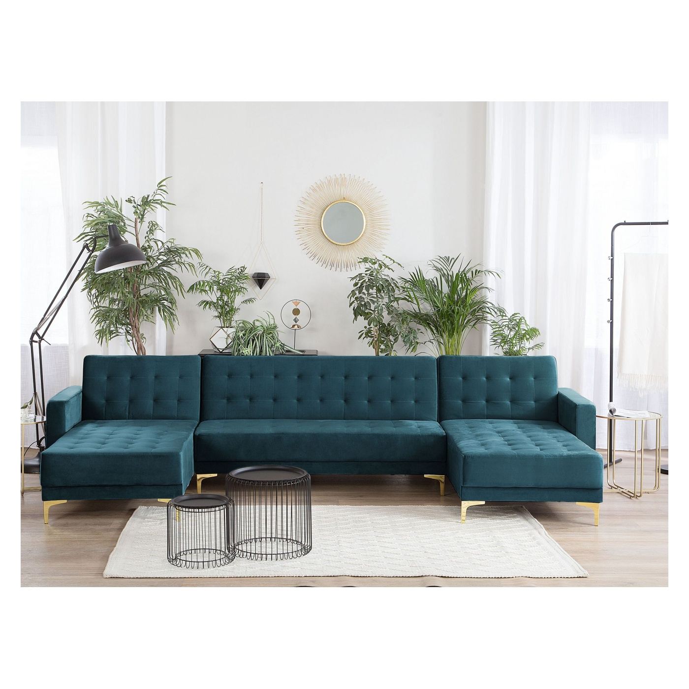 Moduláris U alakú kanapéágy 5 személyes ABERDEEN Bársony Kékeszöld - 1