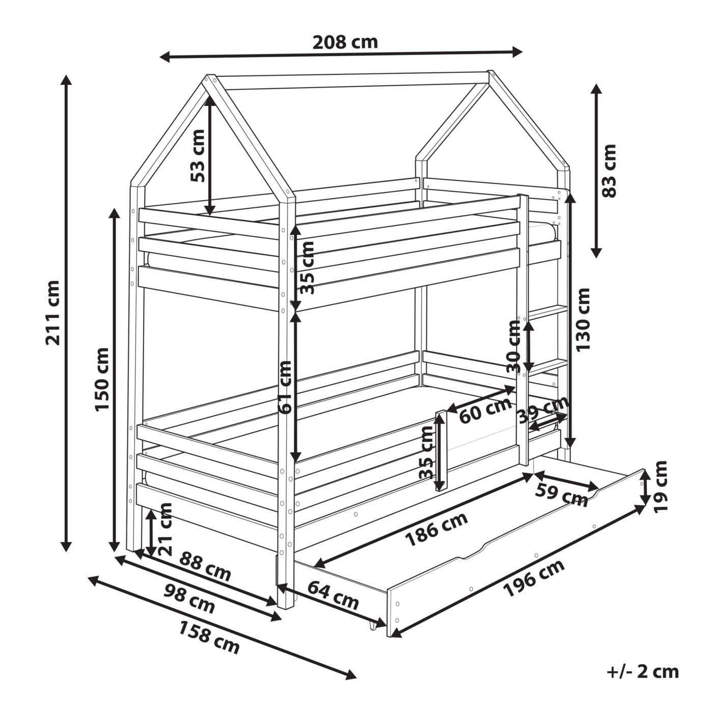 Emeletes ágy fiókokkal Ház Fenyő GIRGOLS 90 x 200 cm Ágyneműtartóval Világosbarna - 3