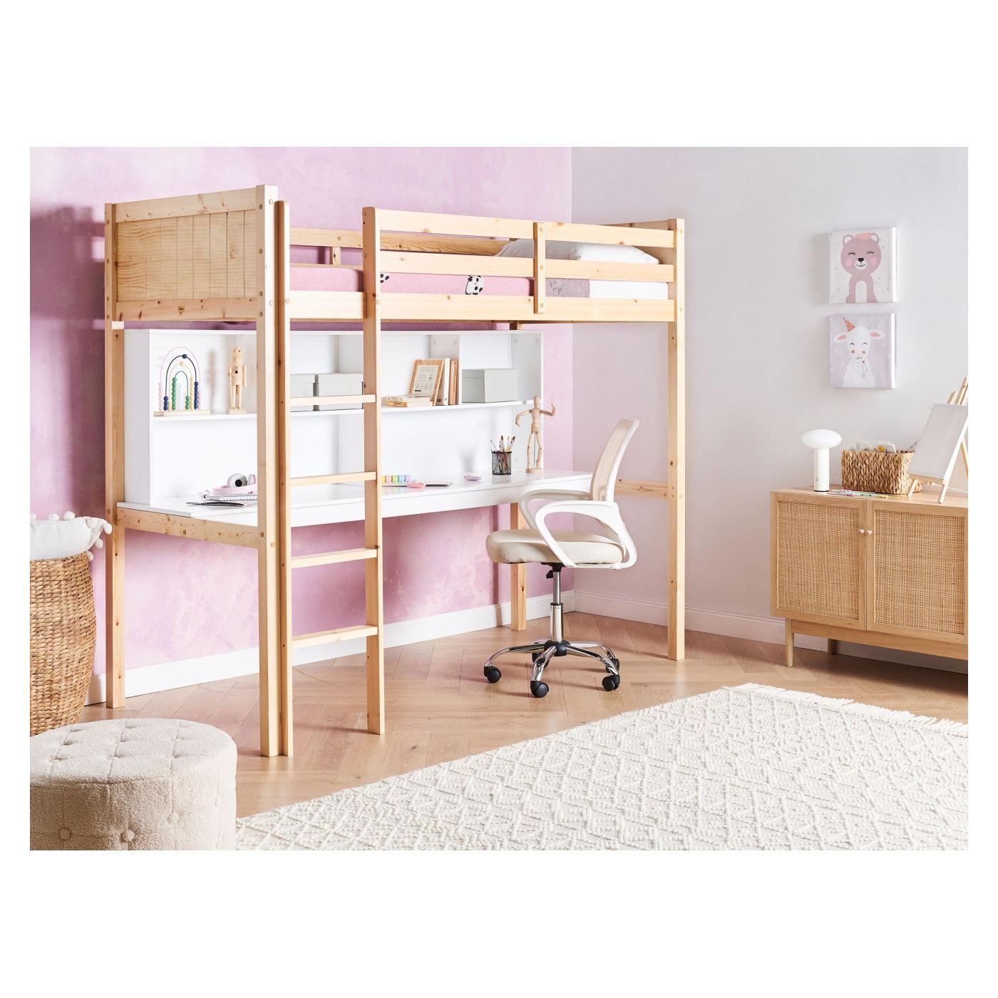 Galériaágy íróasztallal Fenyő FOUCAMONT 90 x 200 cm Világosbarna - 1