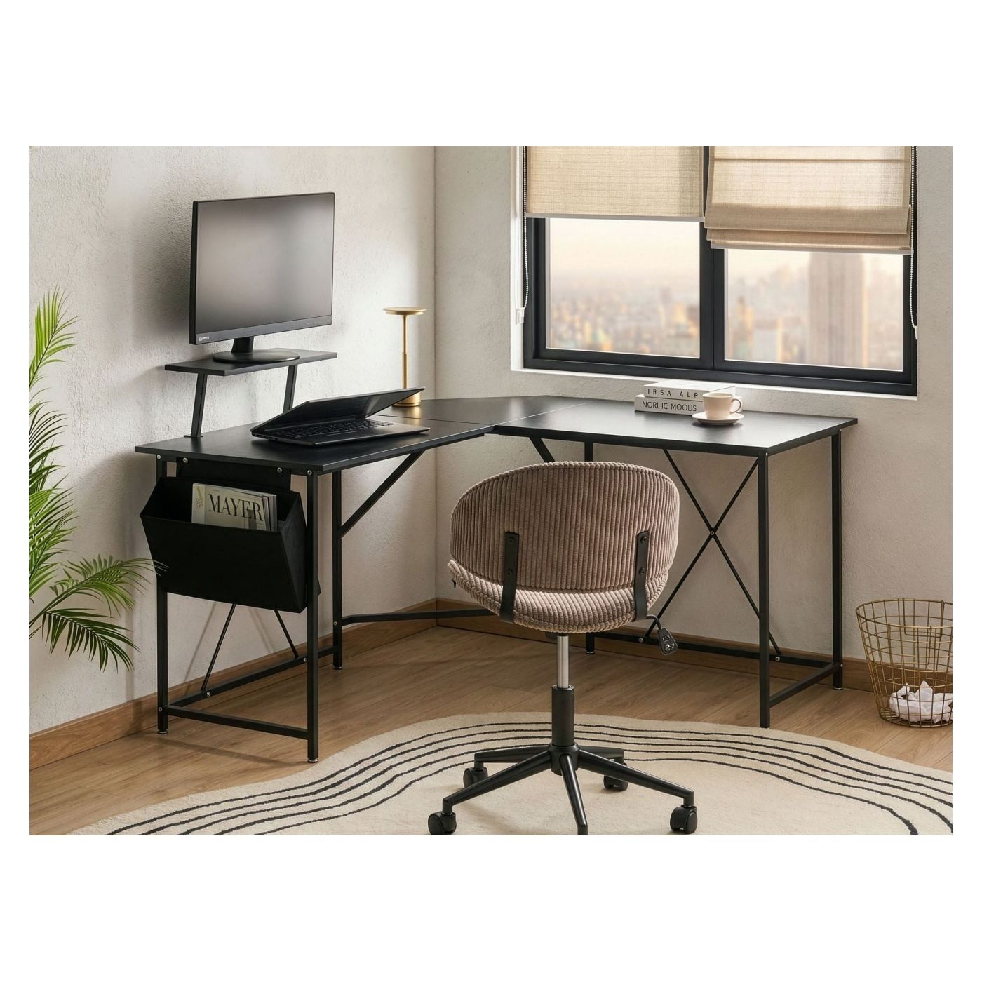 Sarok íróasztal TACONY Fekete 180 cm 140 cm Ágyneműtartóval - 1