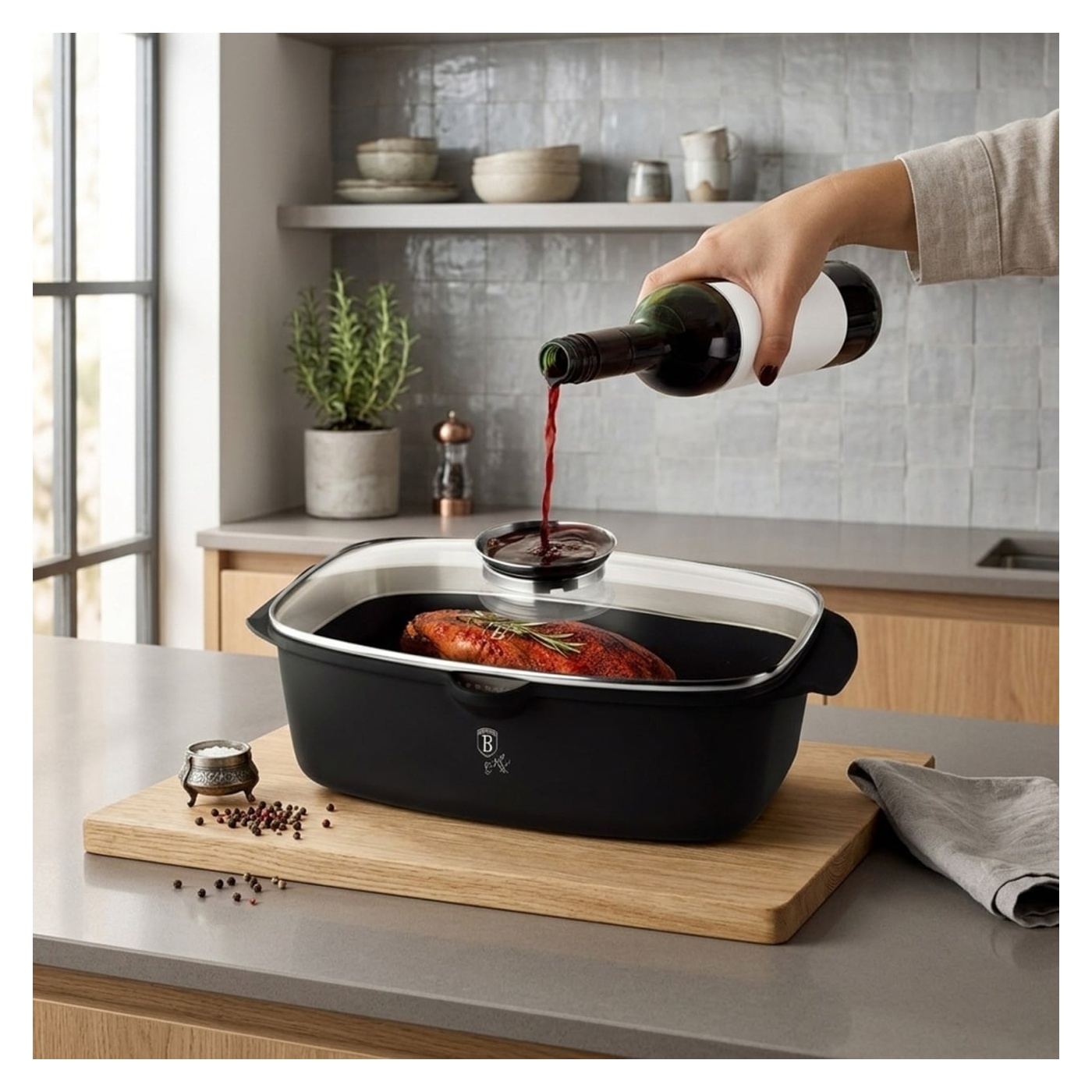 Oala roaster pentru cuptor 6L Black Berlinger Haus, capac cu strecuratoare integrata, antiaderenta, compatibila inductie - 2