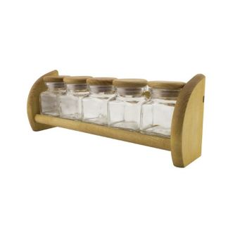 Комплект бутилки за подправки на дървена поставка 5 бр