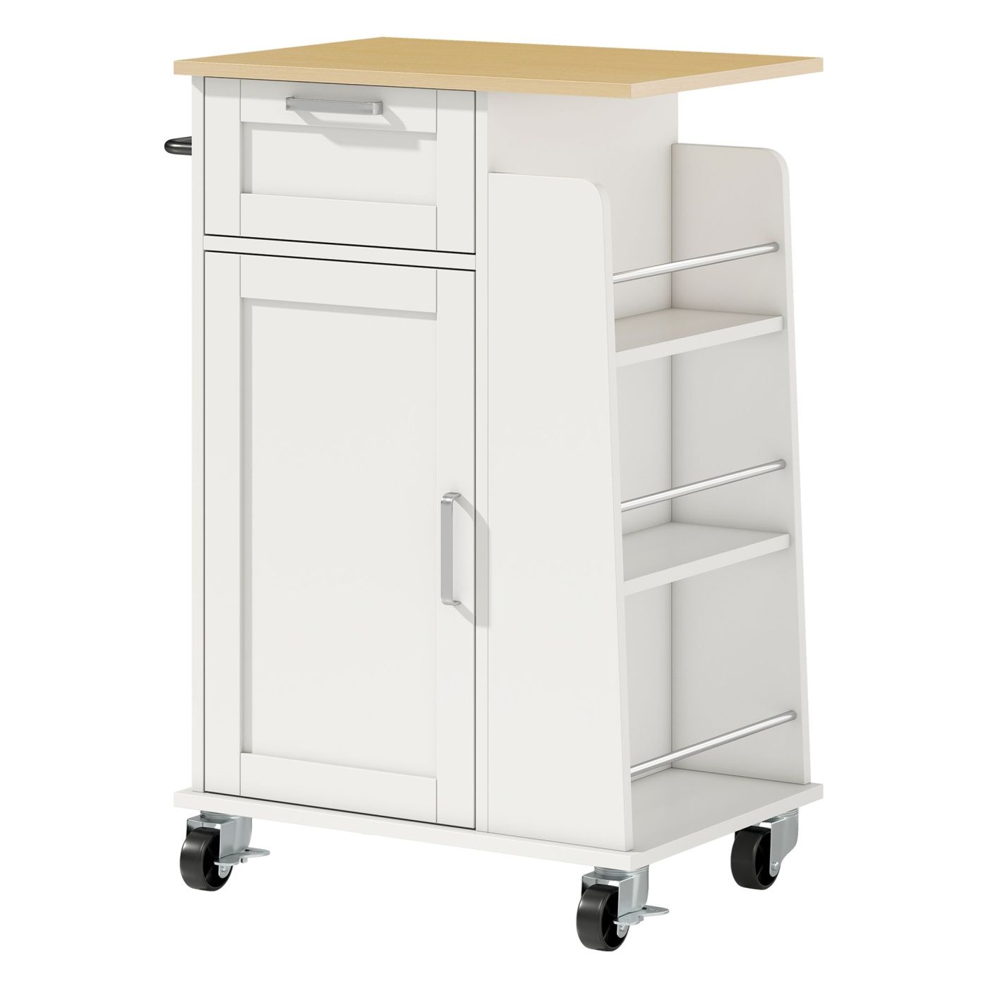 Kitchen Trolley with Drawer, Cabinet, Towel Rack and 3 Spice Racks, Wood, 62x40x87 cm, White