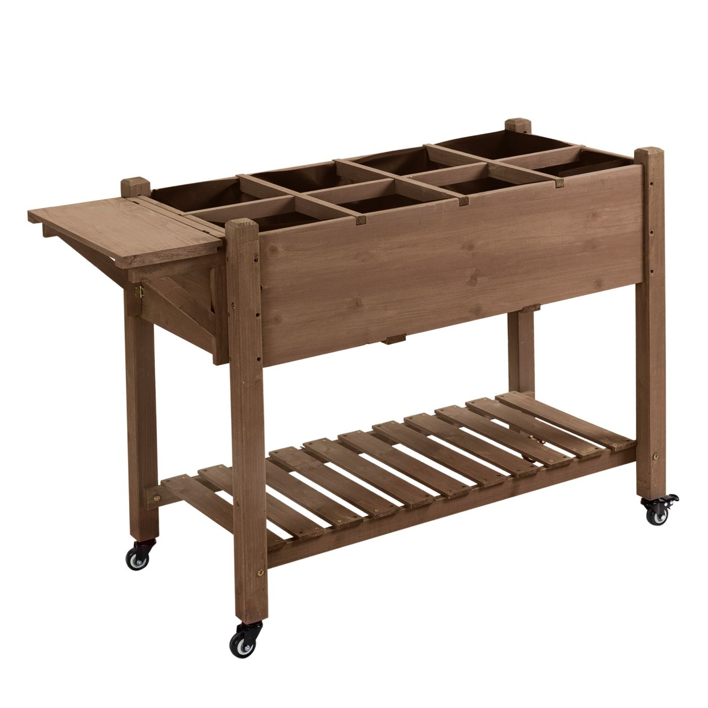 Raised Garden Bed Planter Box w/ 8 Grow Grids, Storage Shelf & Lockable Wheels
