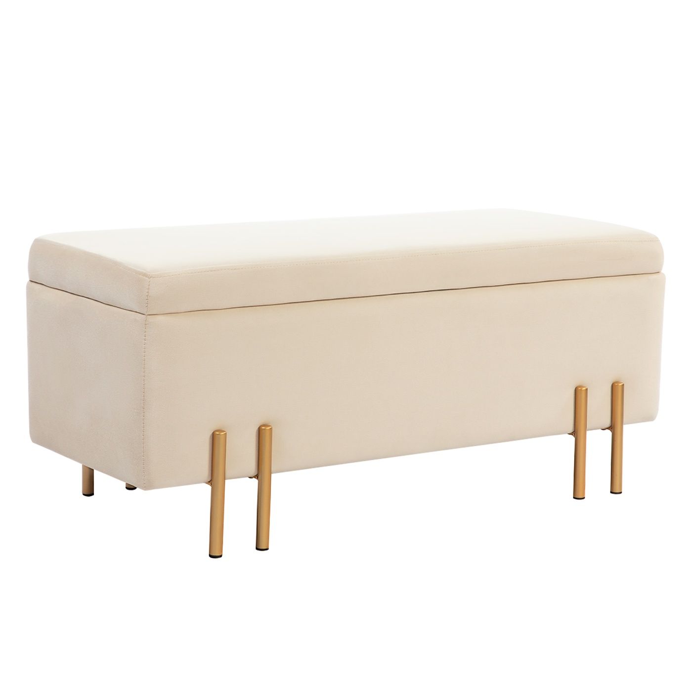 Bancă de Depozitare 72L cu Capac Rabatabil, Pouf Tapițat din Catifea, Picioare din Metal, pentru Dormitor, 100x40x42cm, Bej
