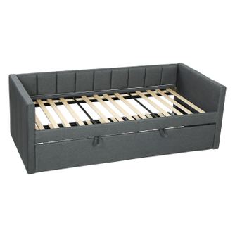 Cadru Pat de O Persoană 90x190 cm, Canapea cu Al Doilea Pat Extensibil, Tăblie Căptușită, Cotiere, Șipci de Lemn de Plop, pentru