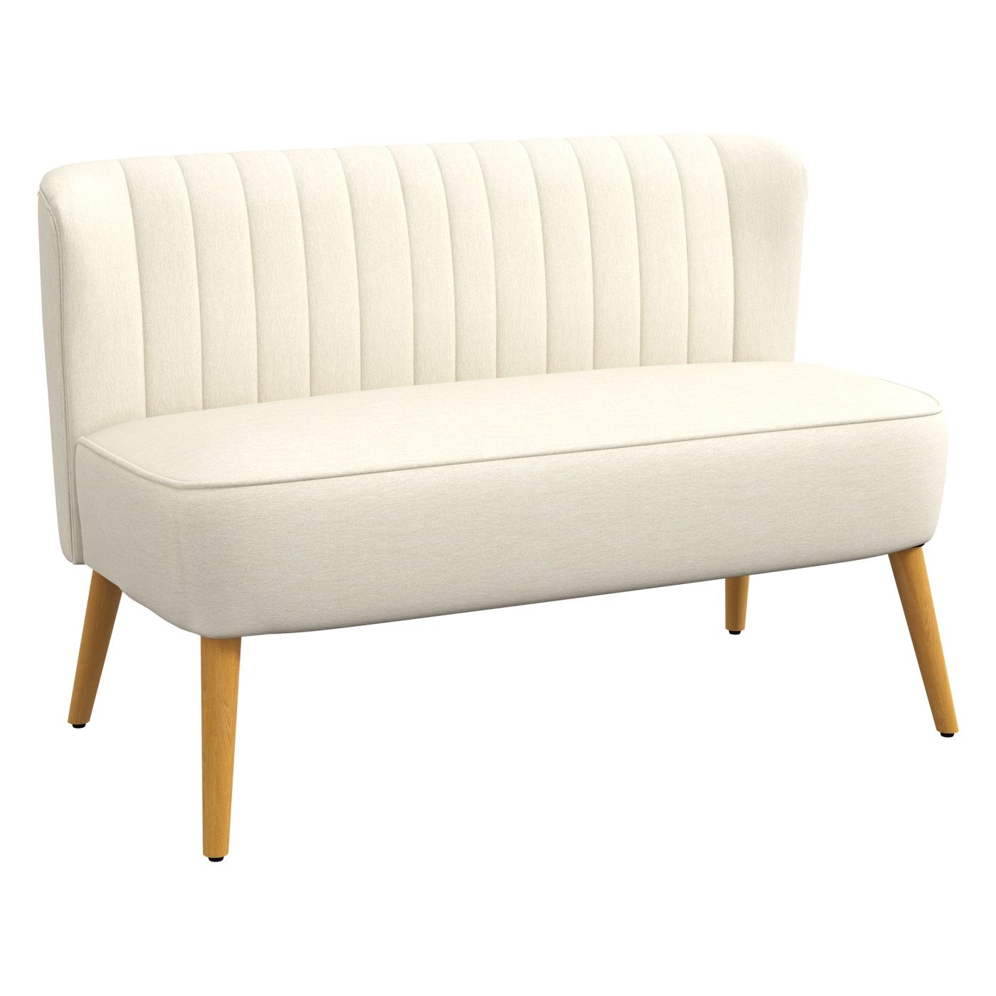 Canapea cu Două Locuri din Material Textil cu Efect de In Fără Brațe, Design Compact și Modern, cu Picioare din Lemn de Cauciuc,